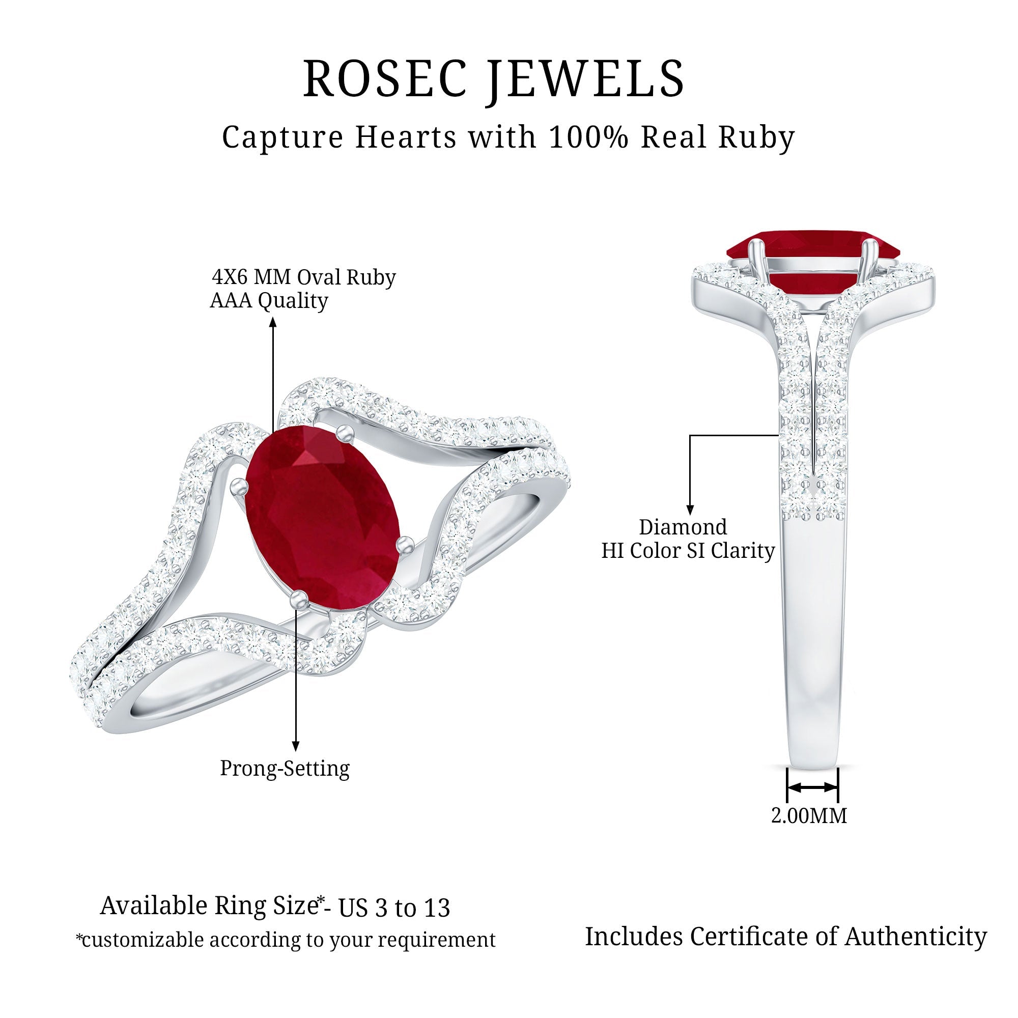 Ruby Engagement Ring – Oval Ruby Ring with Diamond Split Shank Band