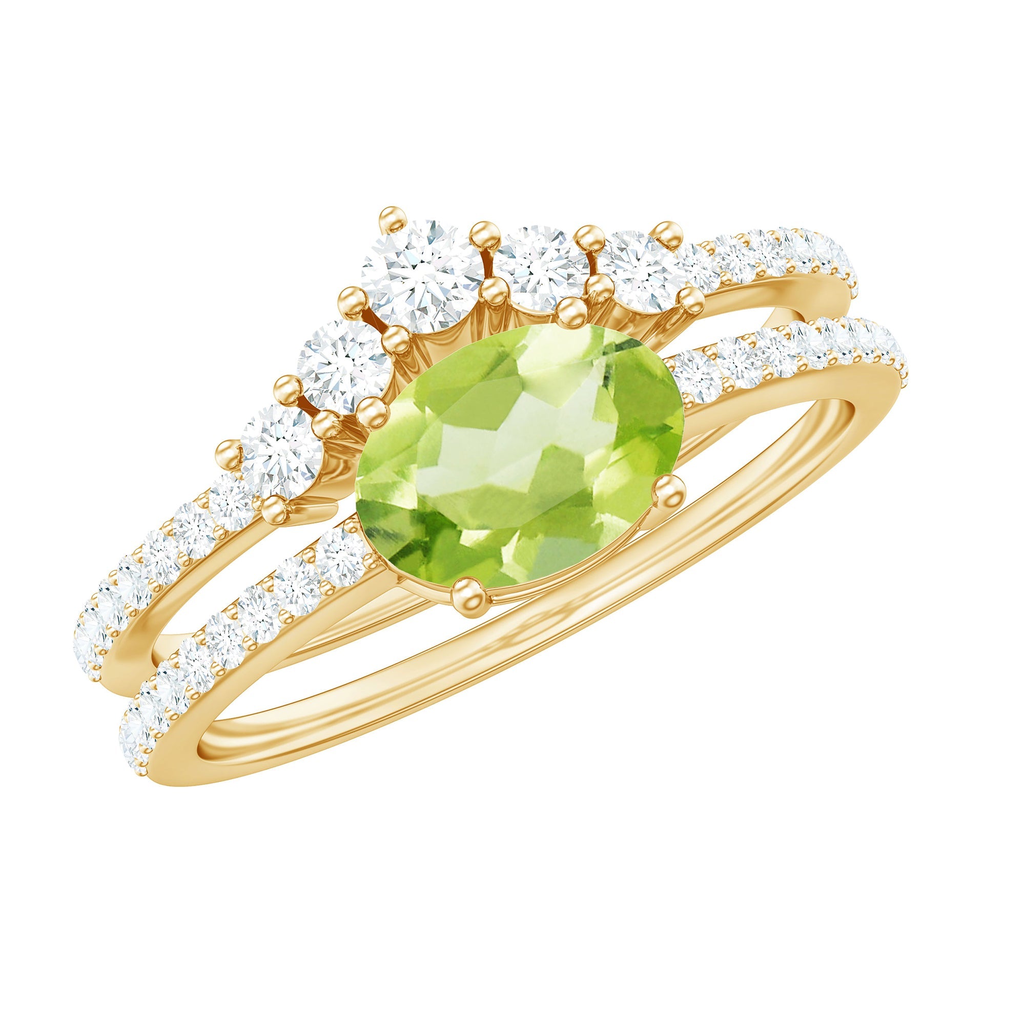 Peridot Engagement Ring – AAA Quality Oval 1 Carat Green Gemstone with Diamond Wedding Band