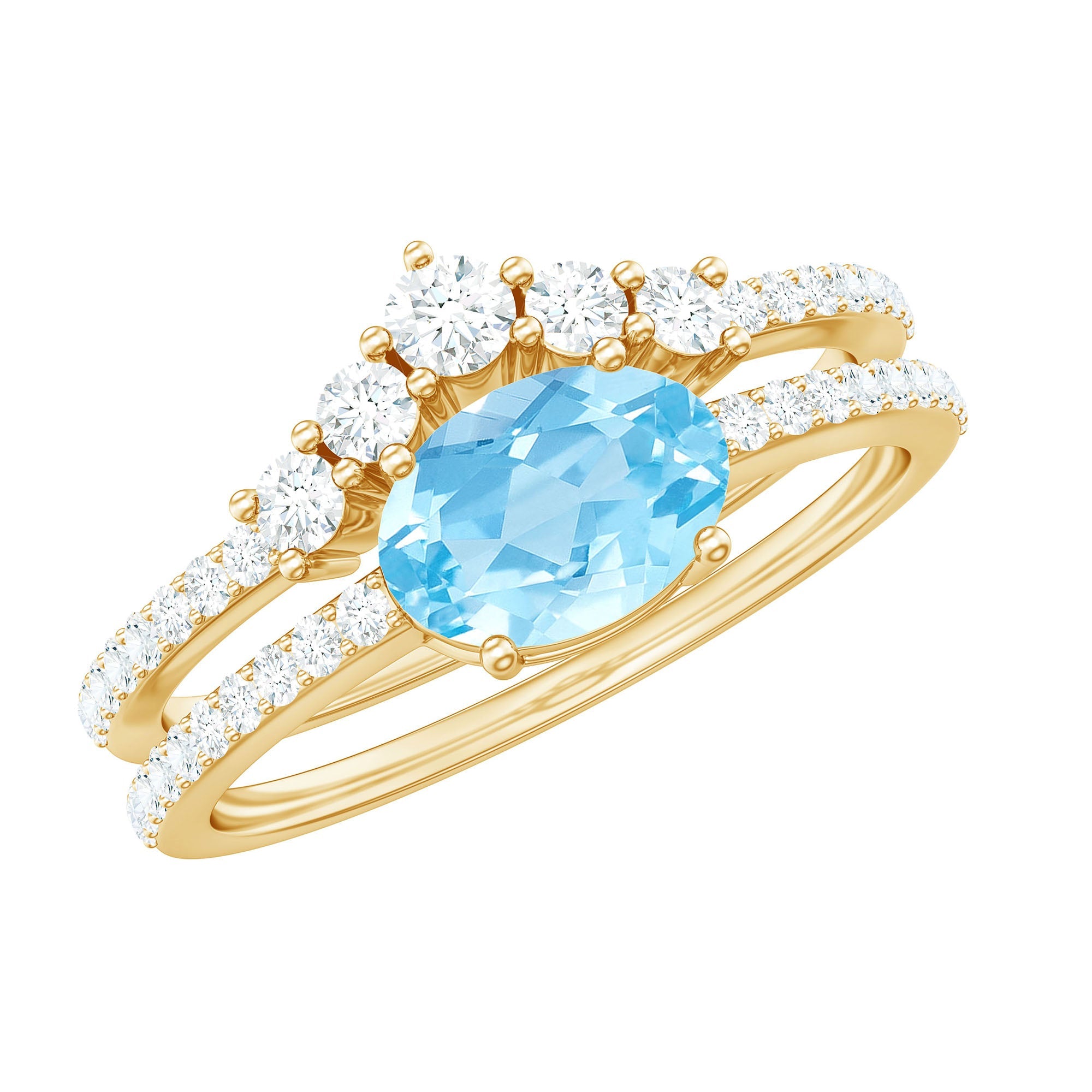 Aquamarine Engagement Ring - Oval Blue Gemstone with Diamond Wedding Band Set