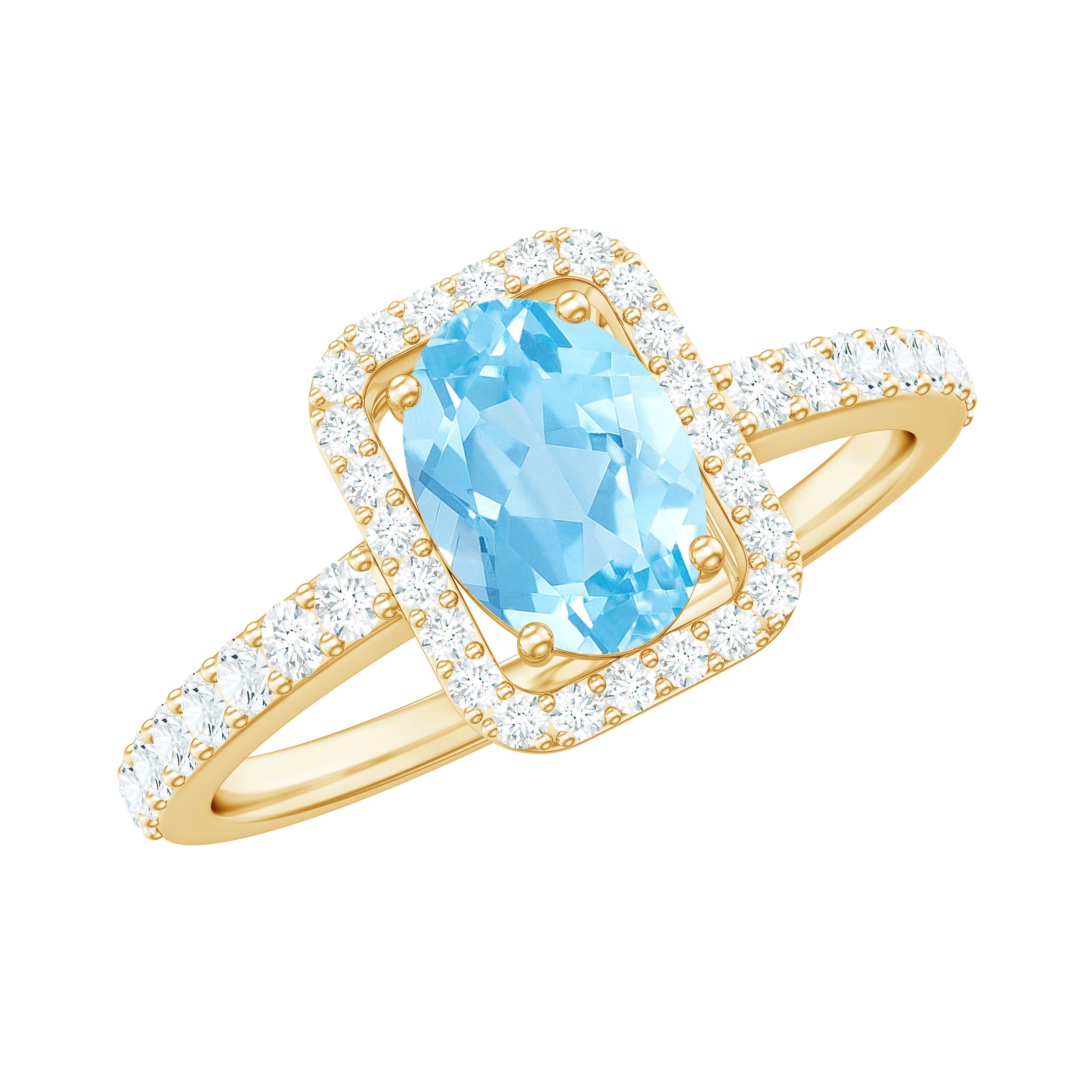 Aquamarine Engagement Ring – Oval Aquamarine Diamond Halo Ring | Prong Setting