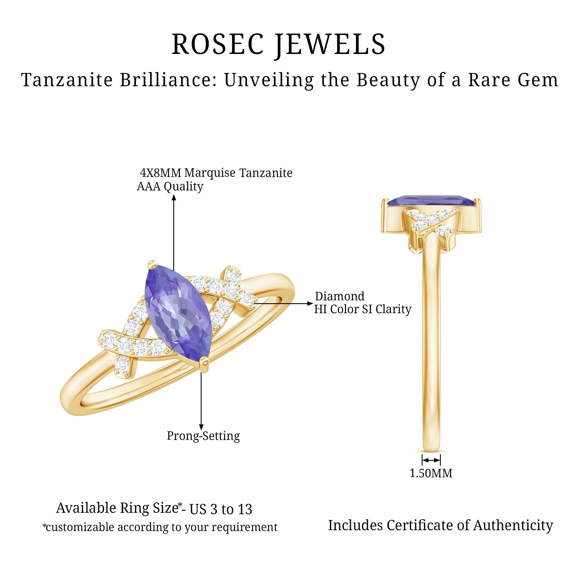 Marquise Tanzanite Ring – Elegant Blue Gemstone With Diamond Promise Band