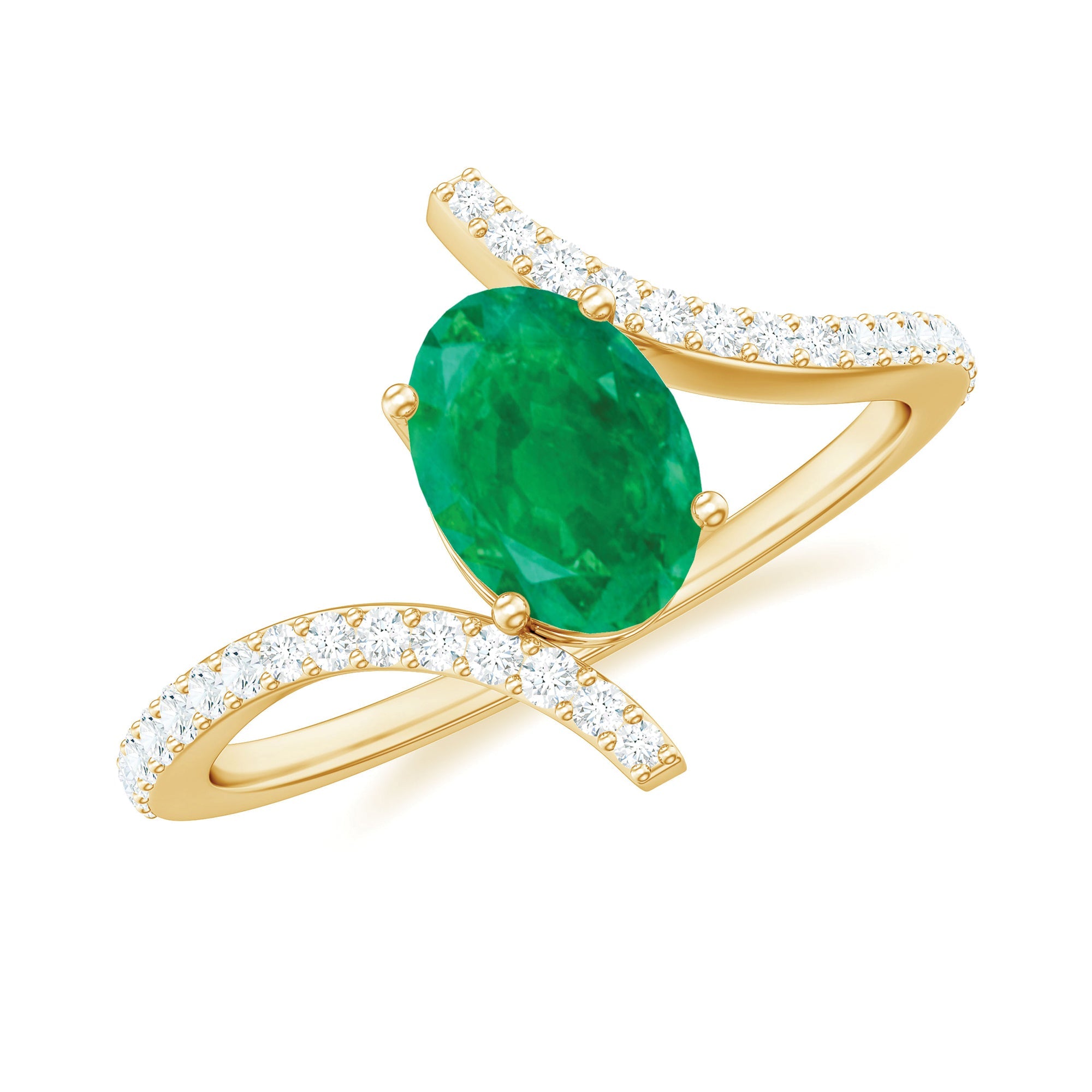 Emerald Bypass Ring - Oval Engagement Ring With Diamond Accents & Sculptural Band