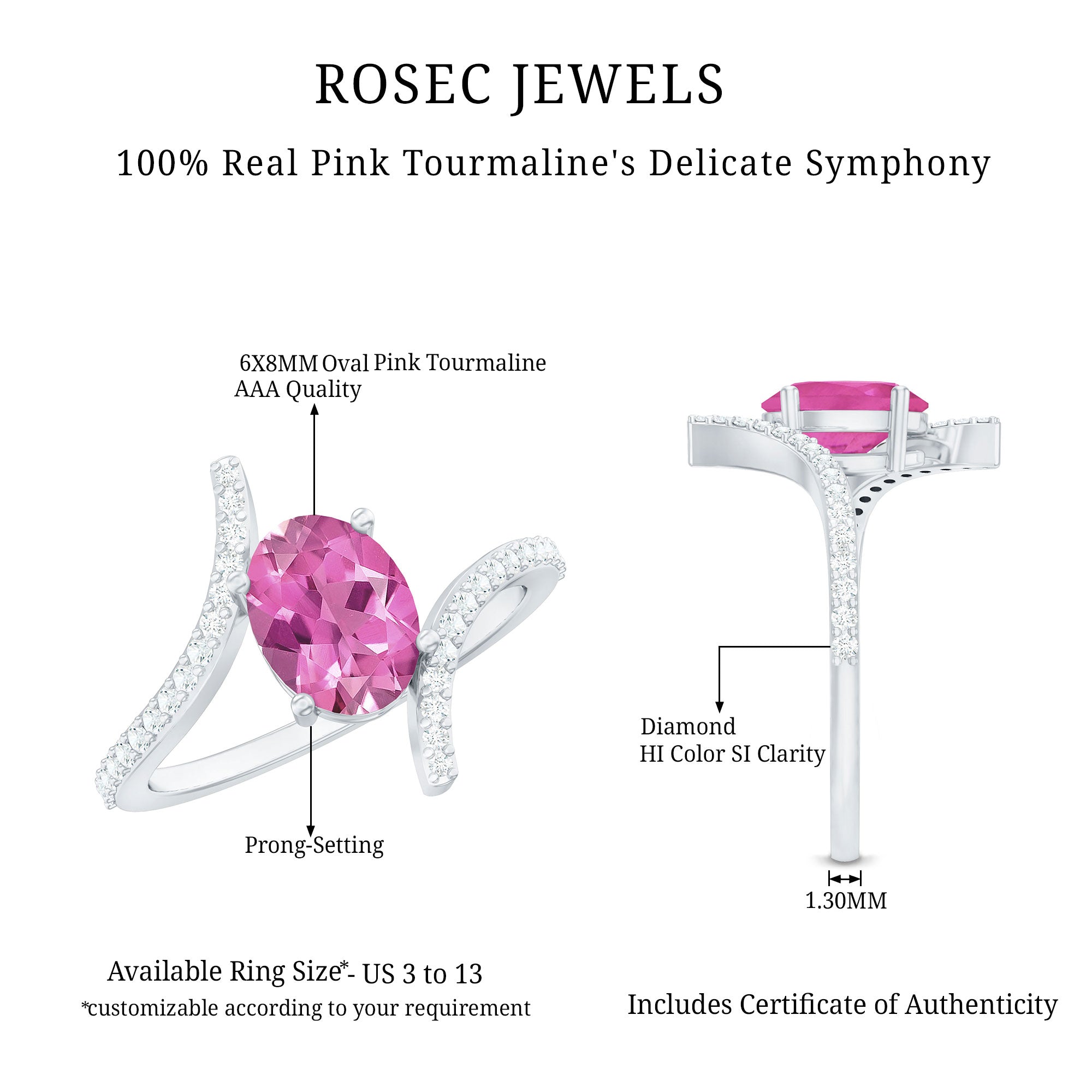 Pink Tourmaline Ring – Oval Pink Tourmaline Solitaire Bypass Diamond Accent