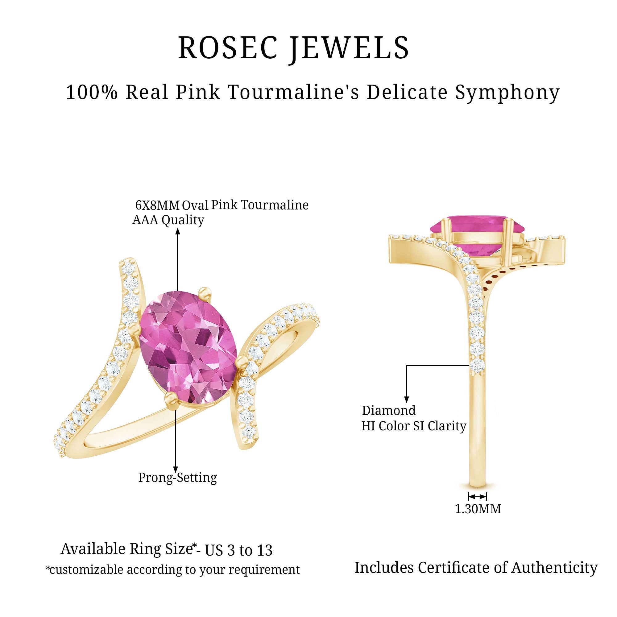 Pink Tourmaline Ring – Oval Pink Tourmaline Solitaire Bypass Diamond Accent