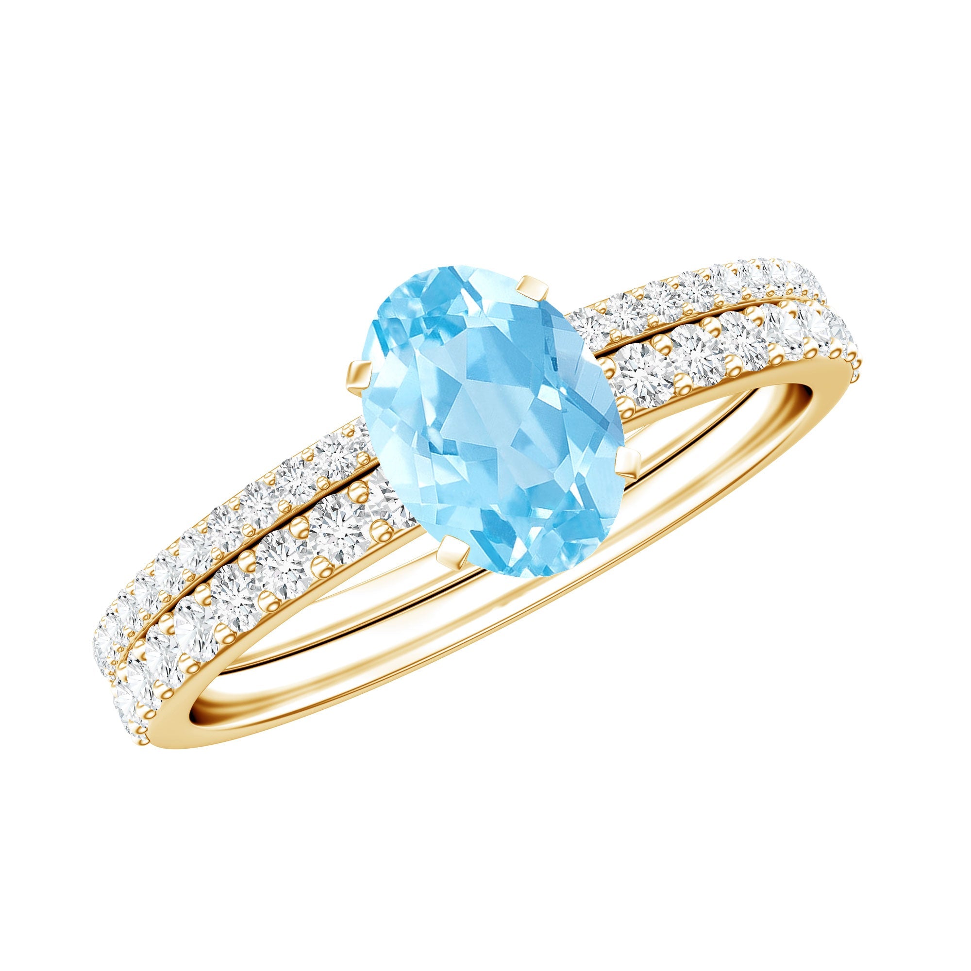 Aquamarine Engagement Ring – Natural Oval Cut Gemstone Bridal Ring Set with Diamond Accents