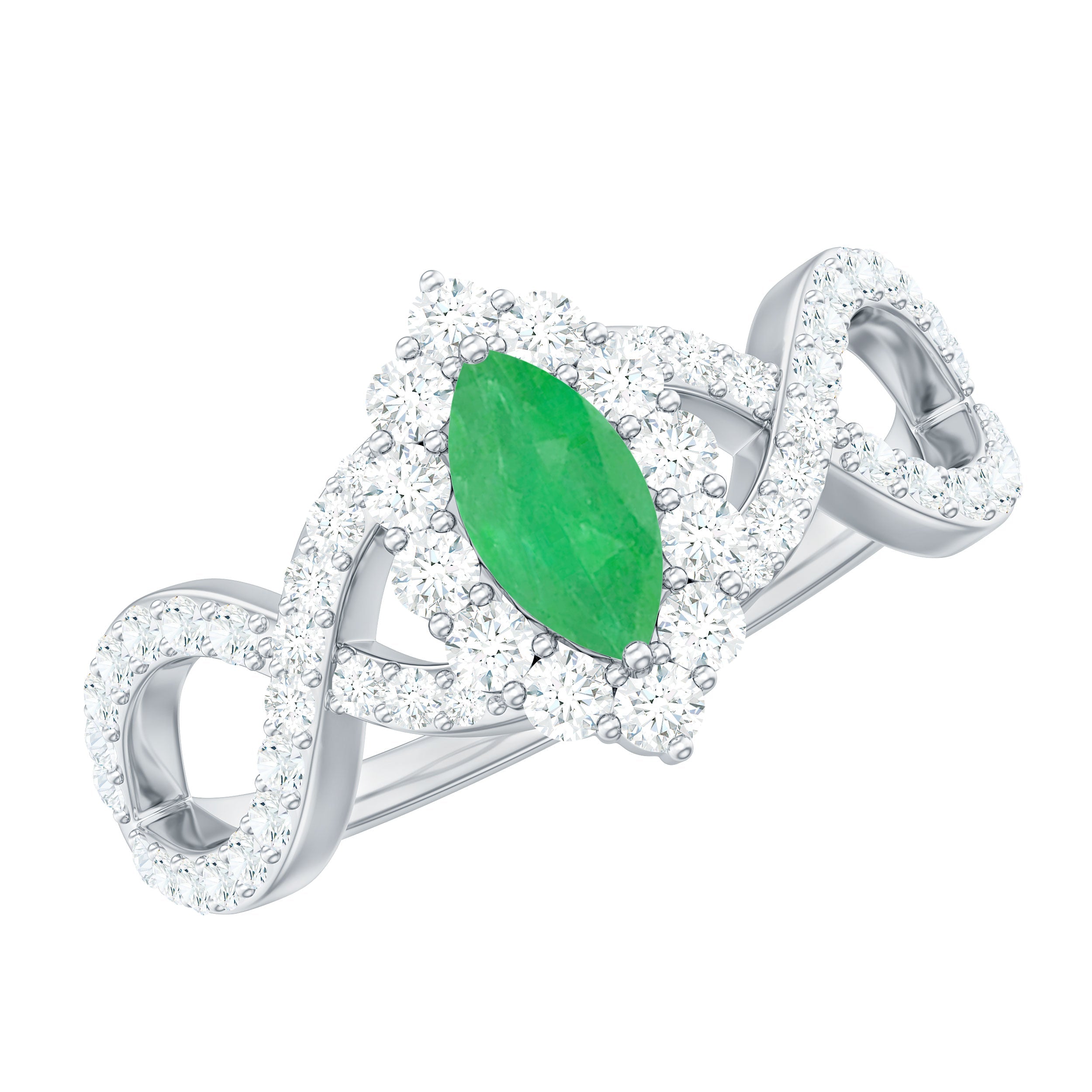 Natural Marquise Emerald Diamond Halo Engagement Ring with Crossover Shank