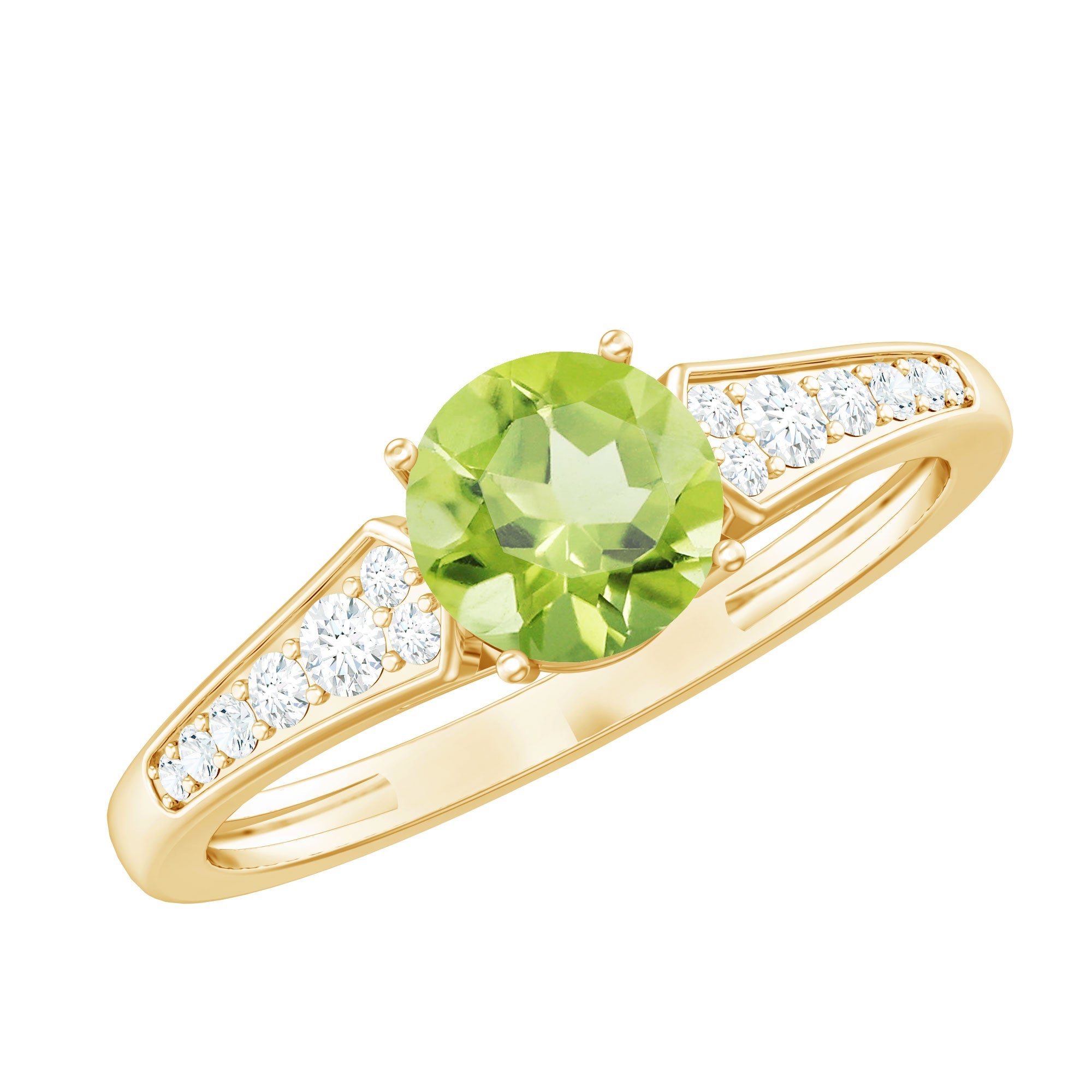 Peridot Engagement Ring – Solitaire 2 Carat Round Cut Peridot with Diamond Side Stones