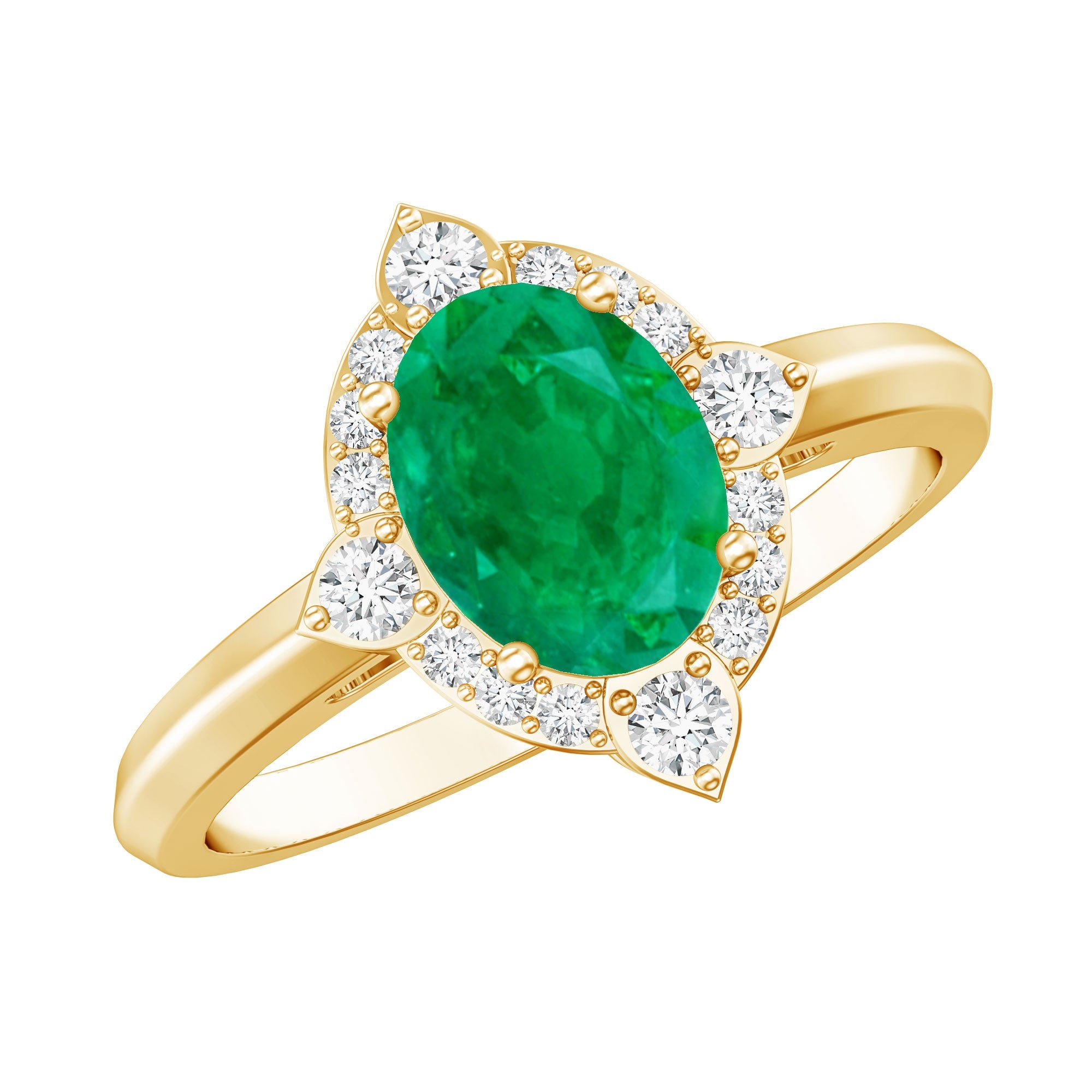 Emerald Engagement Ring – Vintage Oval Emerald Ring with Diamond Halo Jewelry