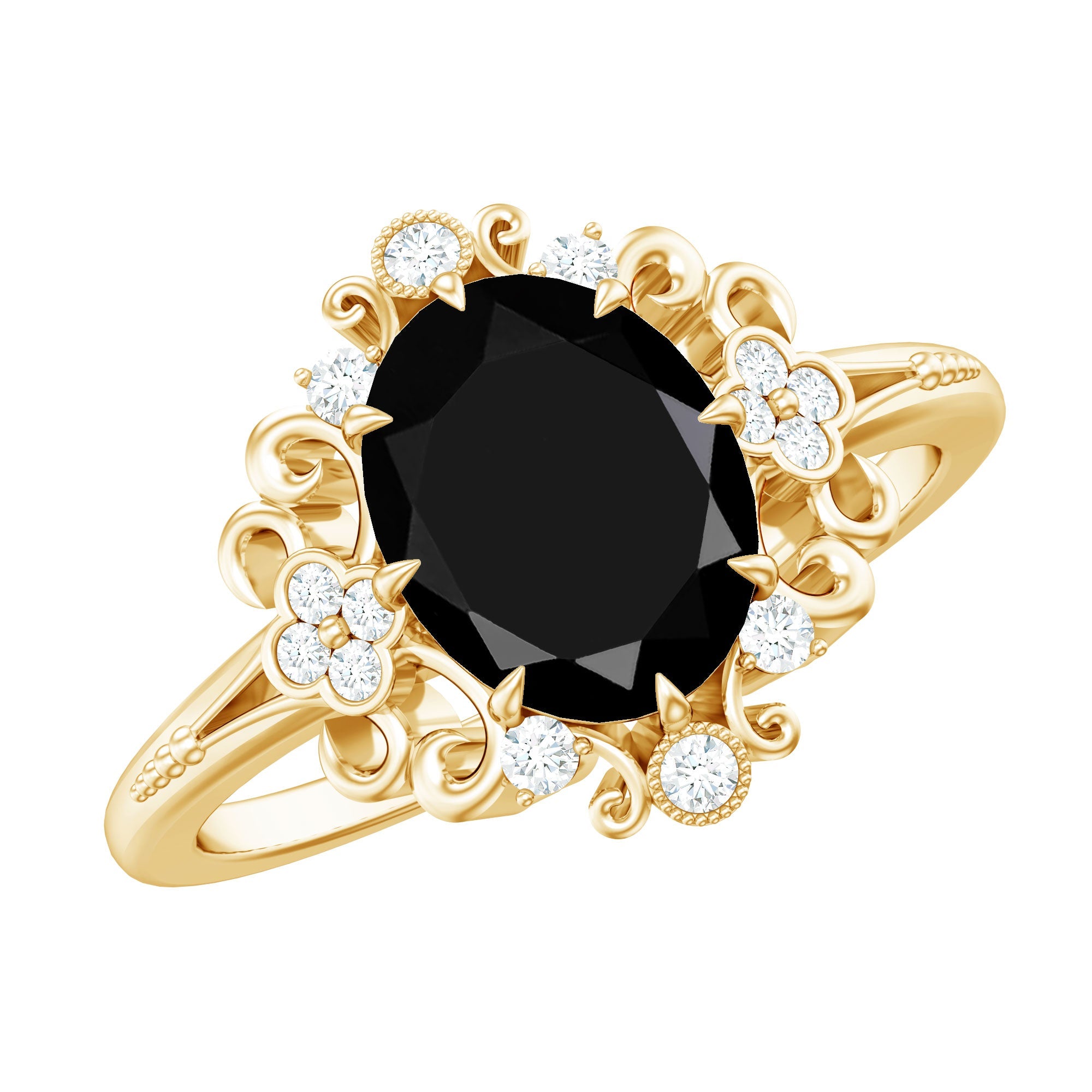1.7 Carat Oval Cut Vintage Inspired Black Onyx Statement Ring with Diamond