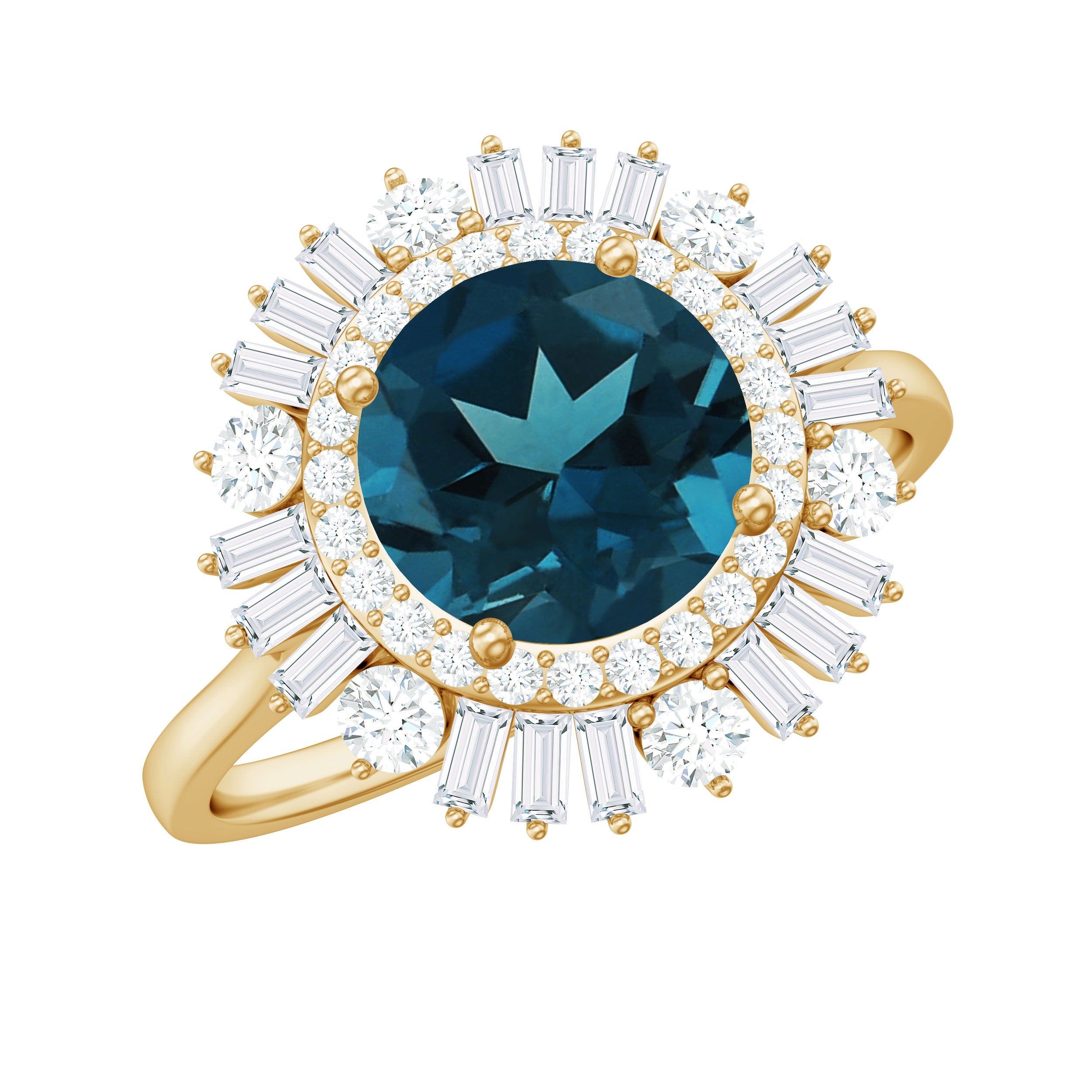 Round London Blue Topaz and Diamond Double Halo Cocktail Ring