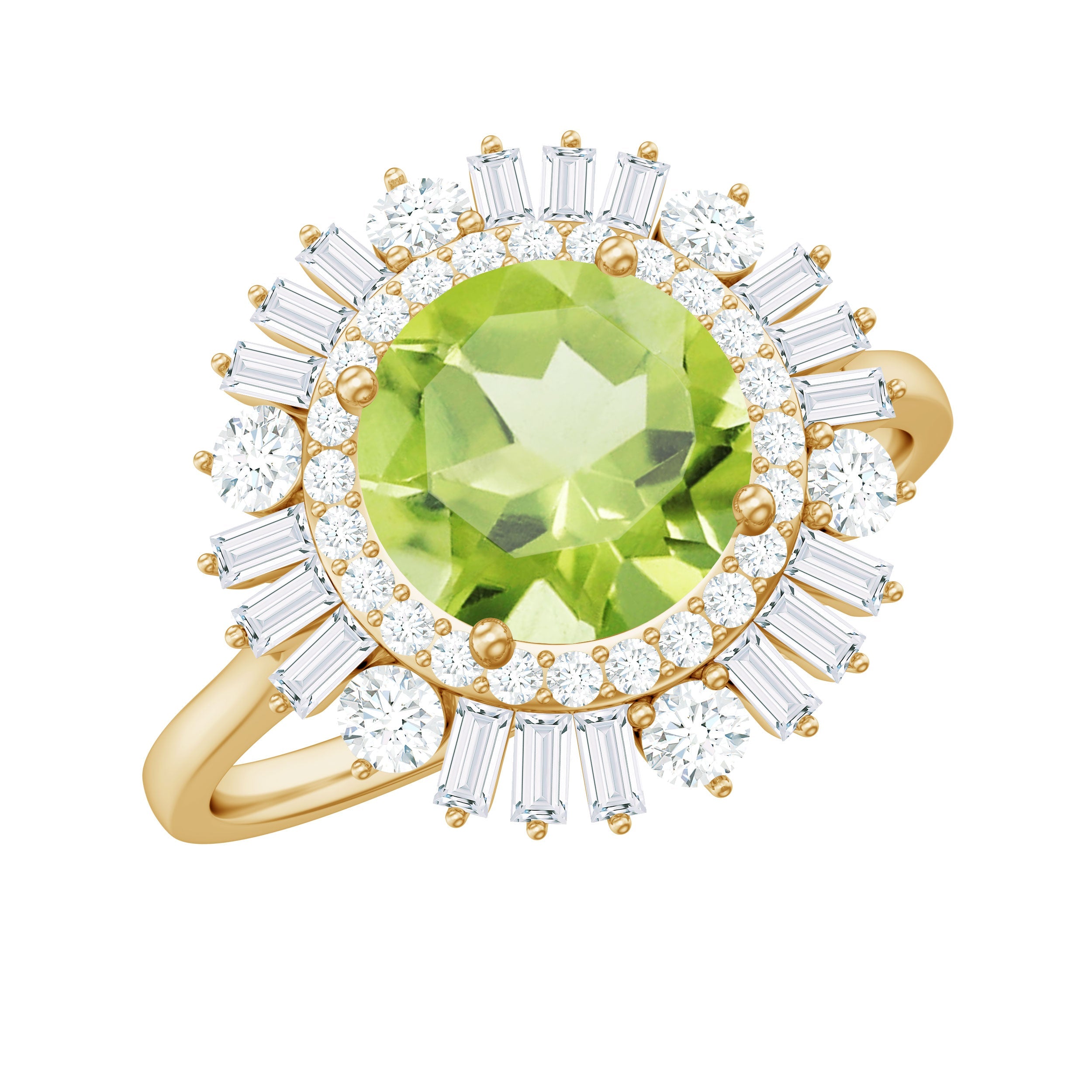 Peridot Engagement Ring – 2 Carat AAA Grade Round Cut Peridot with Moissanite Double Halo