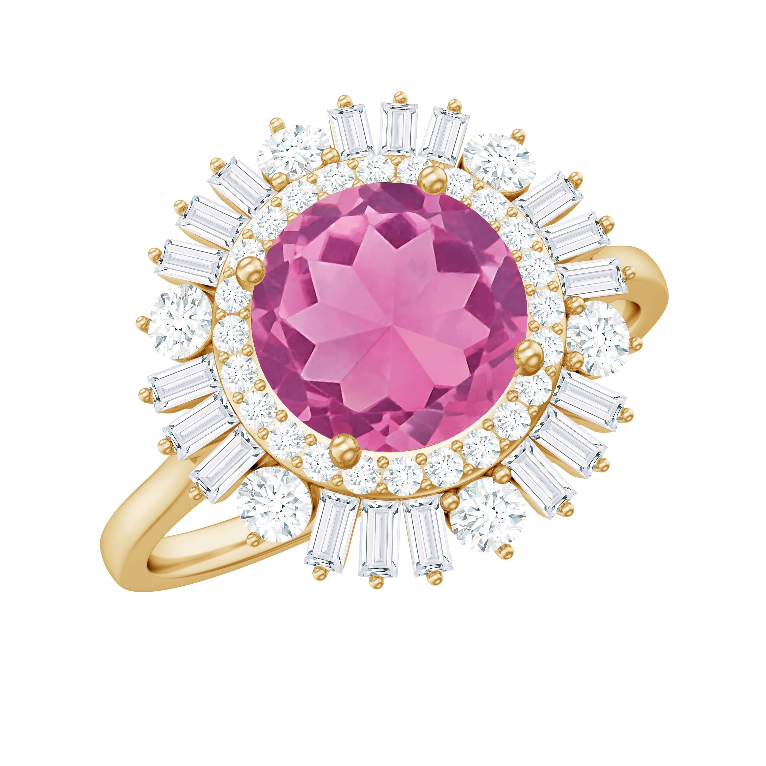 Pink Tourmaline Ring – Double Halo Cocktail Statement Jewelry 1.2 Ct Round Cut
