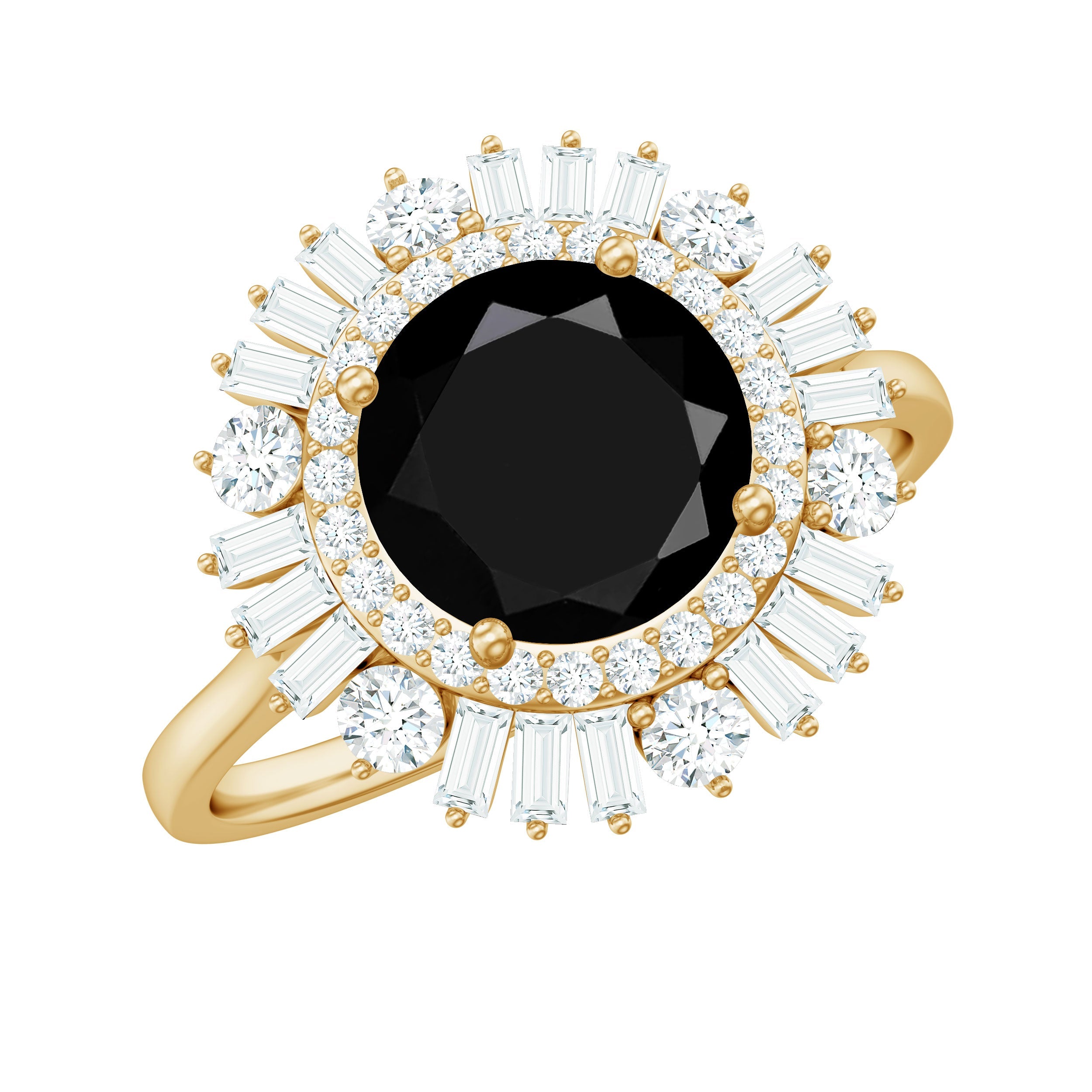 1.2 Carat Round Black Onyx Double Halo Cocktail Ring with Moissanite