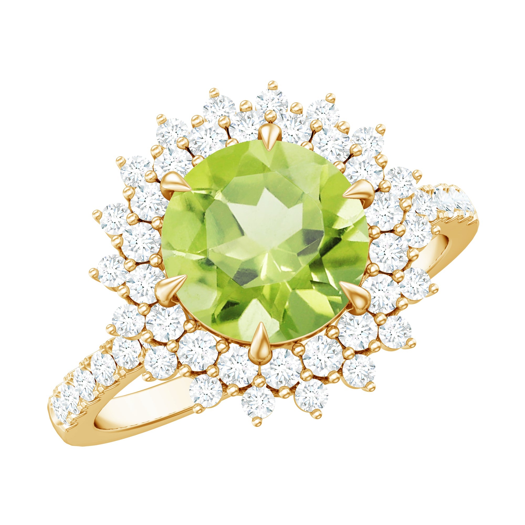Peridot Engagement Ring – 2 Carat Round Cut Peridot Halo Statement Ring