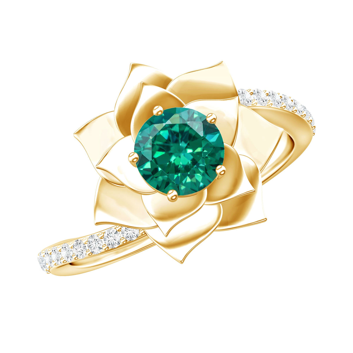 Lab Grown Emerald Ring – Flower Bypass Shank with AAAA Quality Round Cut Emerald