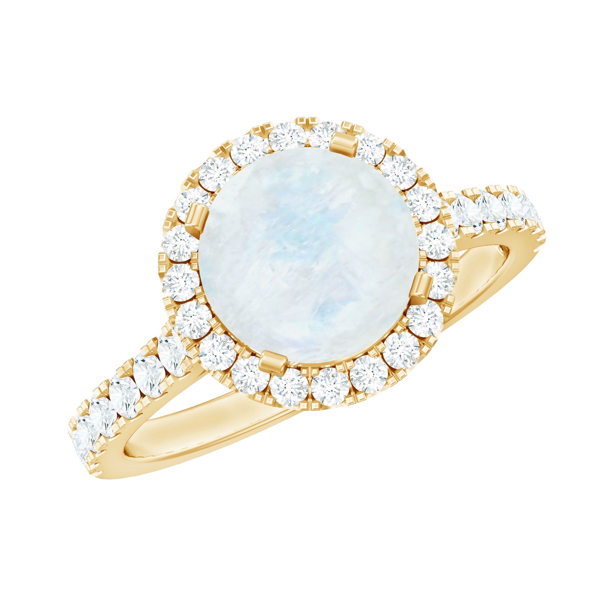 Moonstone Engagement Ring – Round Halo Diamond Side Stones | AAA Quality Blue Sheen