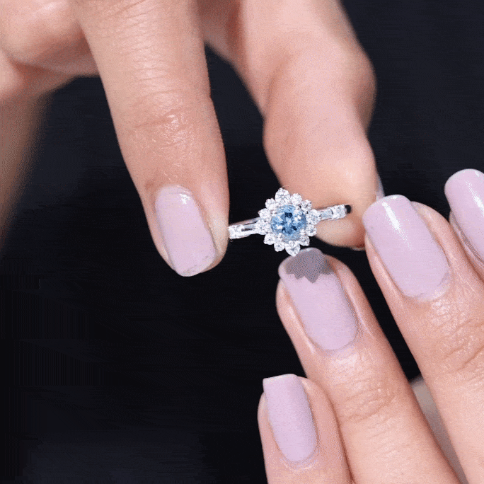 Aquamarine Engagement Ring - AAA Quality Blue Gemstone Diamond Halo Ring