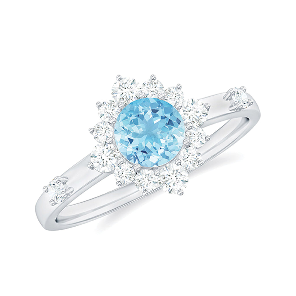 Aquamarine Engagement Ring - AAA Quality Blue Gemstone Diamond Halo Ring