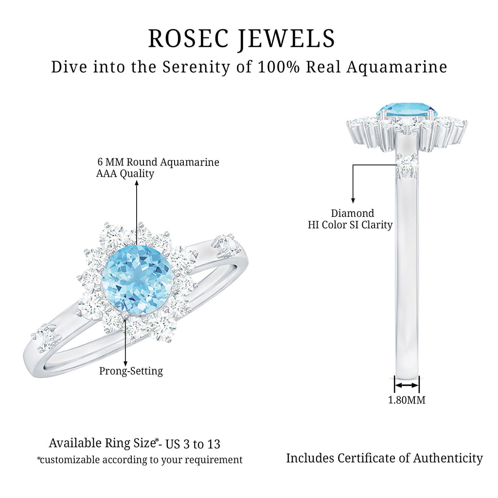Aquamarine Engagement Ring - AAA Quality Blue Gemstone Diamond Halo Ring