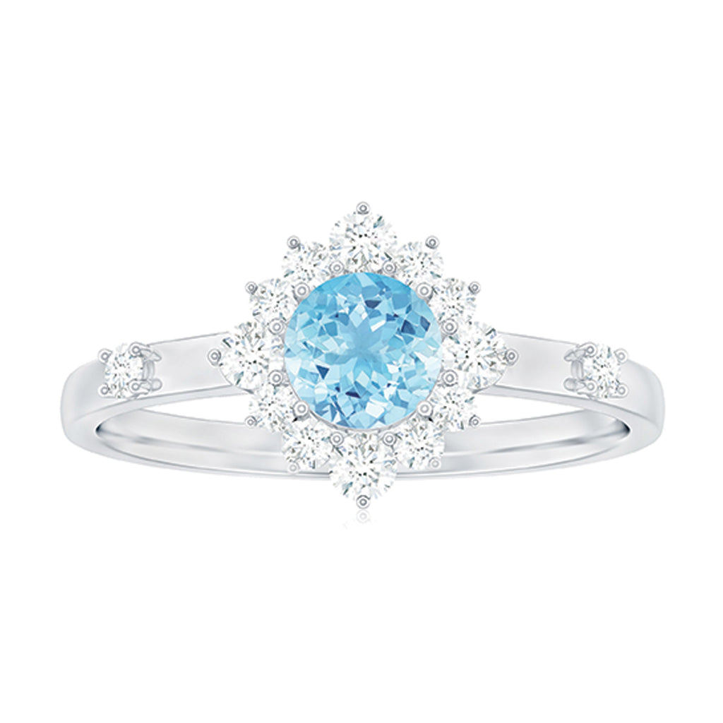 Aquamarine Engagement Ring - AAA Quality Blue Gemstone Diamond Halo Ring
