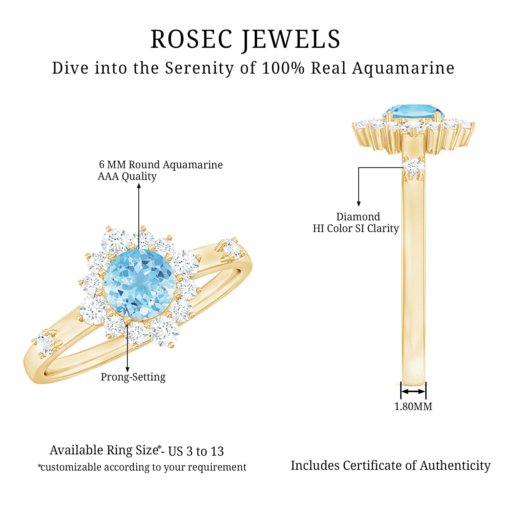 Aquamarine Engagement Ring - AAA Quality Blue Gemstone Diamond Halo Ring