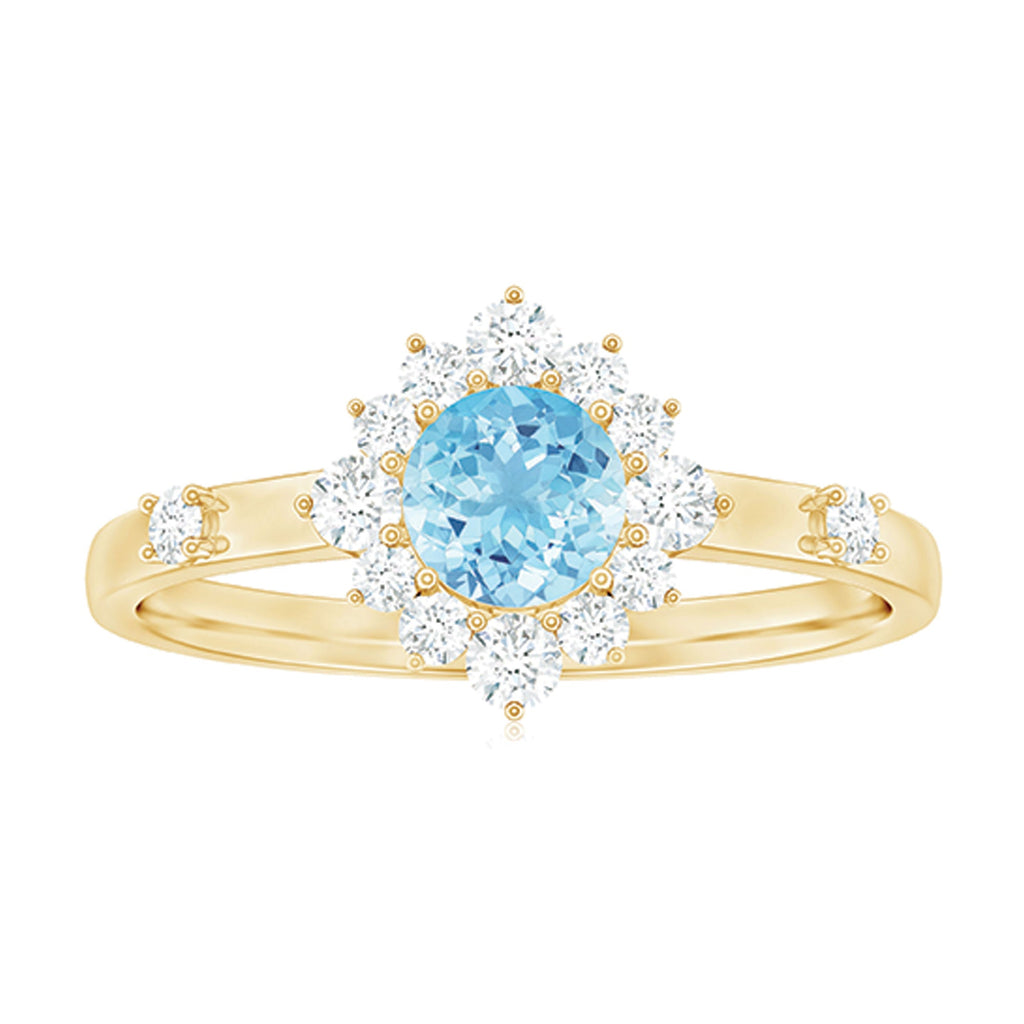 Aquamarine Engagement Ring - AAA Quality Blue Gemstone Diamond Halo Ring