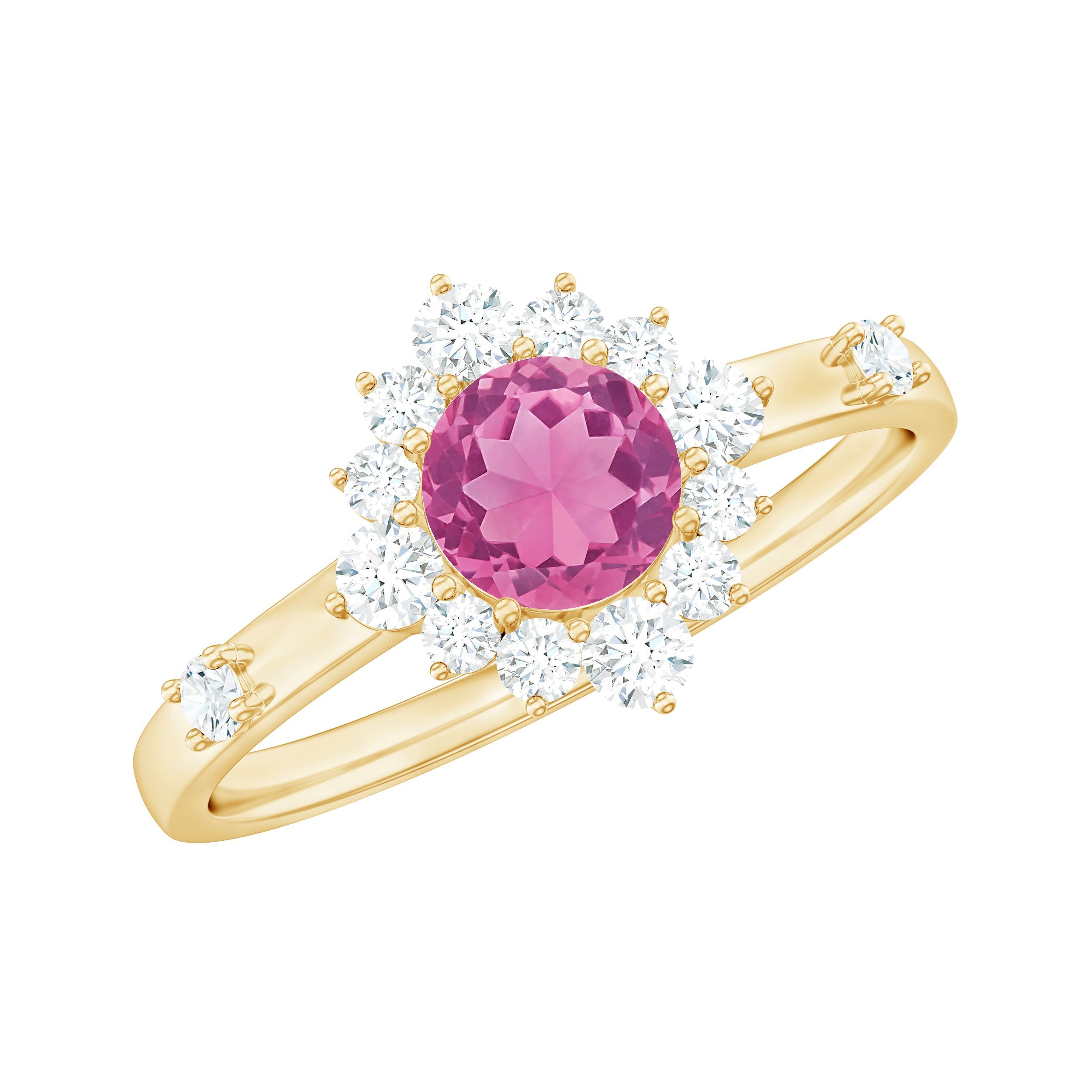 Pink Tourmaline Ring – Classic Halo Engagement Band | Solid Gold Diamond Halo