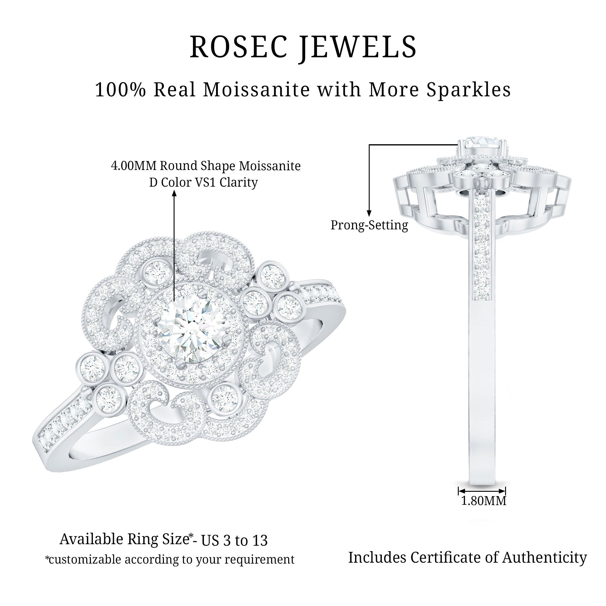 Moissanite Engagement Ring – Certified Vintage Style Jewelry With Sparkling Stone