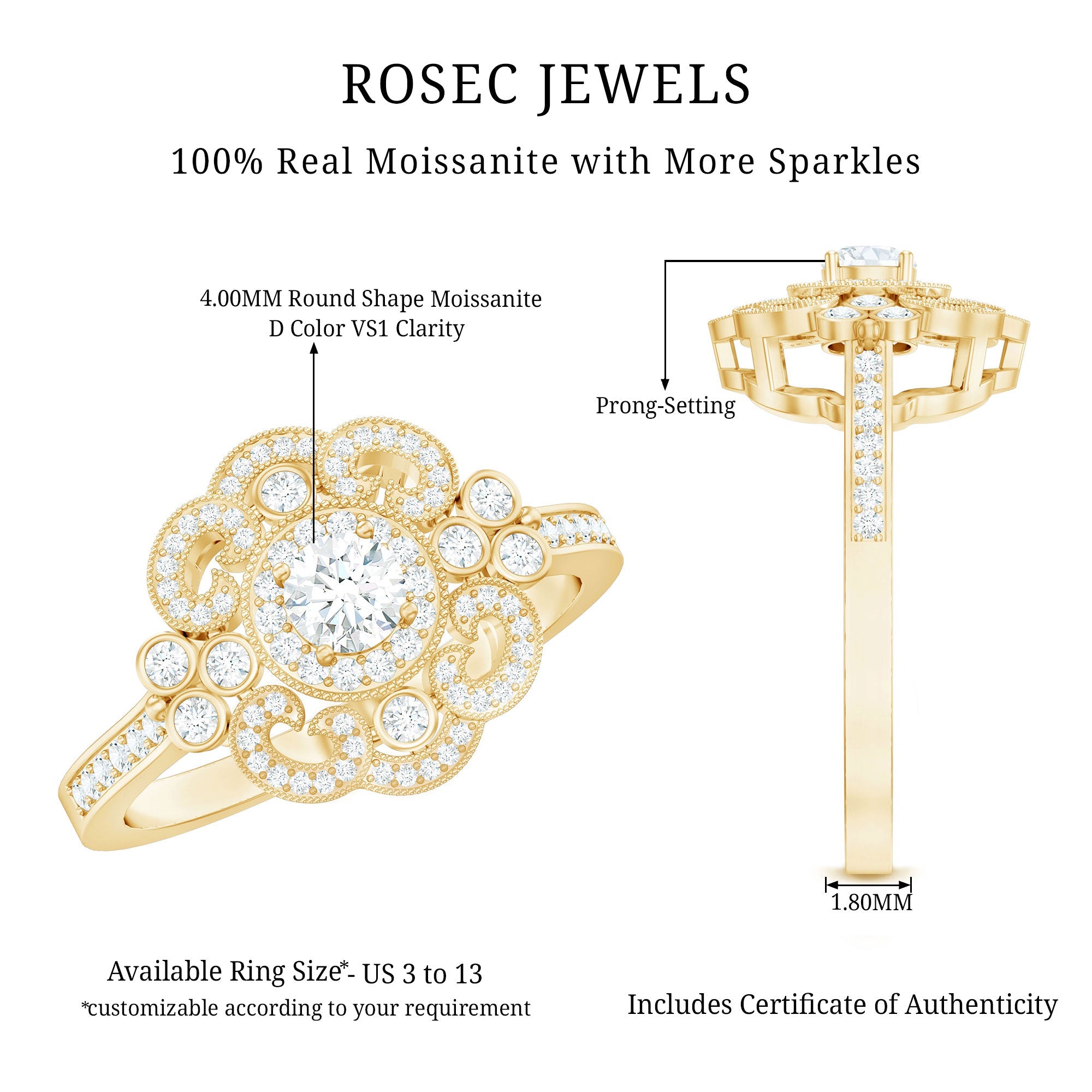 Moissanite Engagement Ring – Certified Vintage Style Jewelry With Sparkling Stone