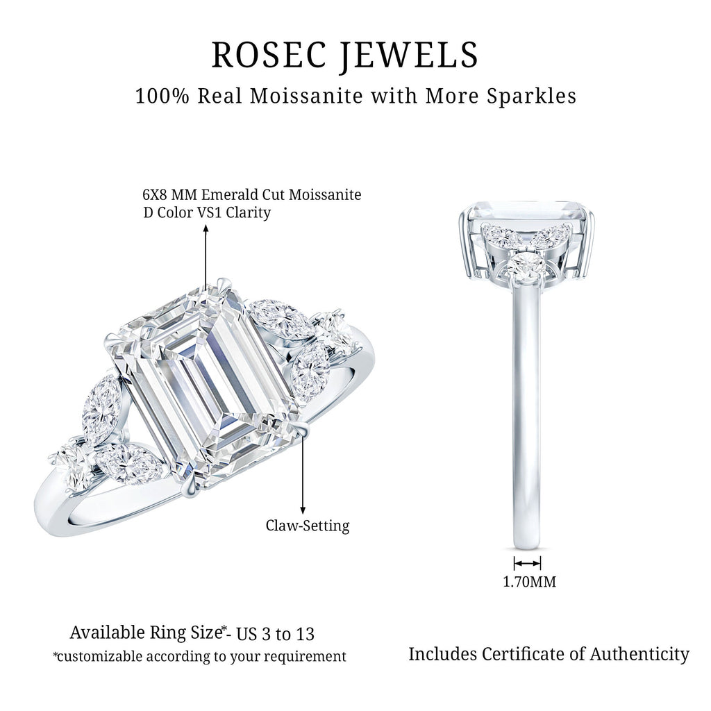 Claw Set Emerald Cut Moissanite Designer Engagement Ring