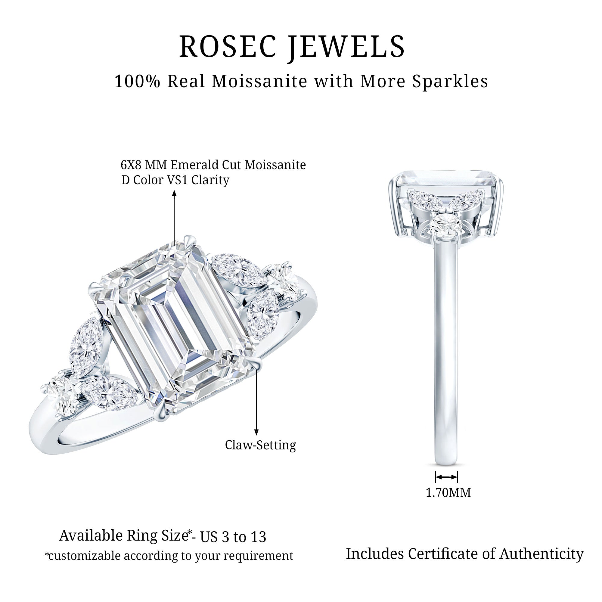 Claw Set Emerald Cut Moissanite Designer Engagement Ring