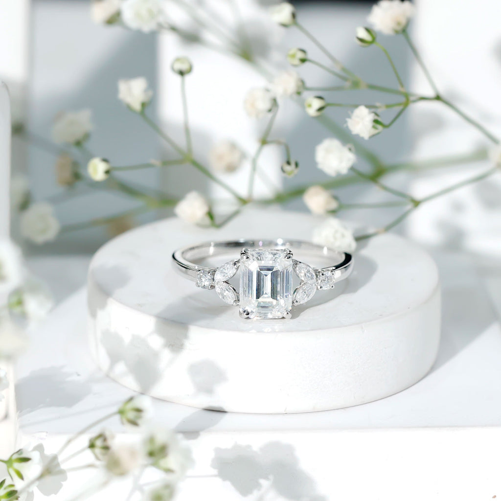 Claw Set Emerald Cut Moissanite Designer Engagement Ring