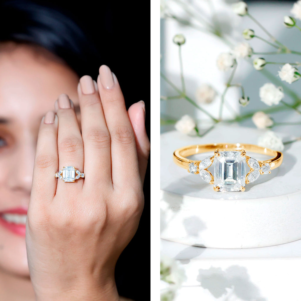 Claw Set Emerald Cut Moissanite Designer Engagement Ring