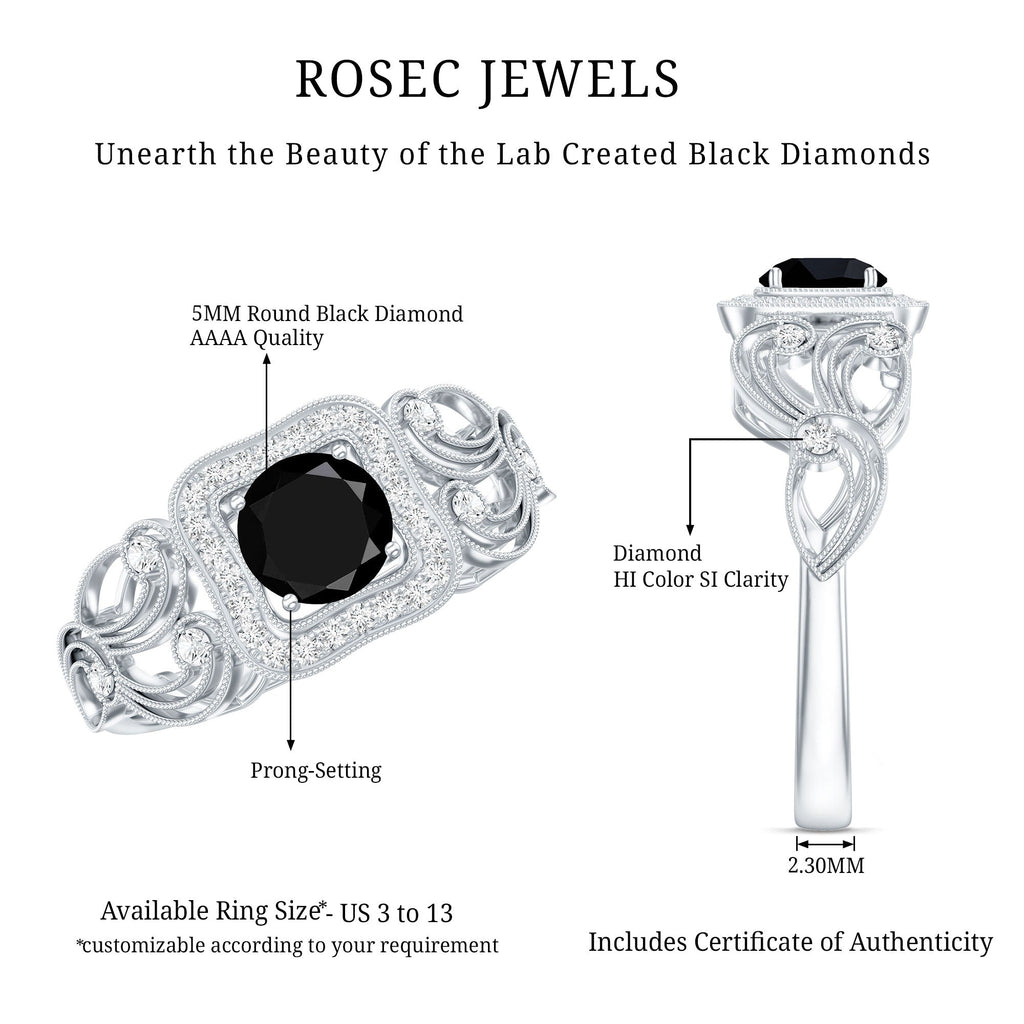 Vintage Style 0.84 Carat Lab Grown Black Diamond Engagement Ring with White Diamond