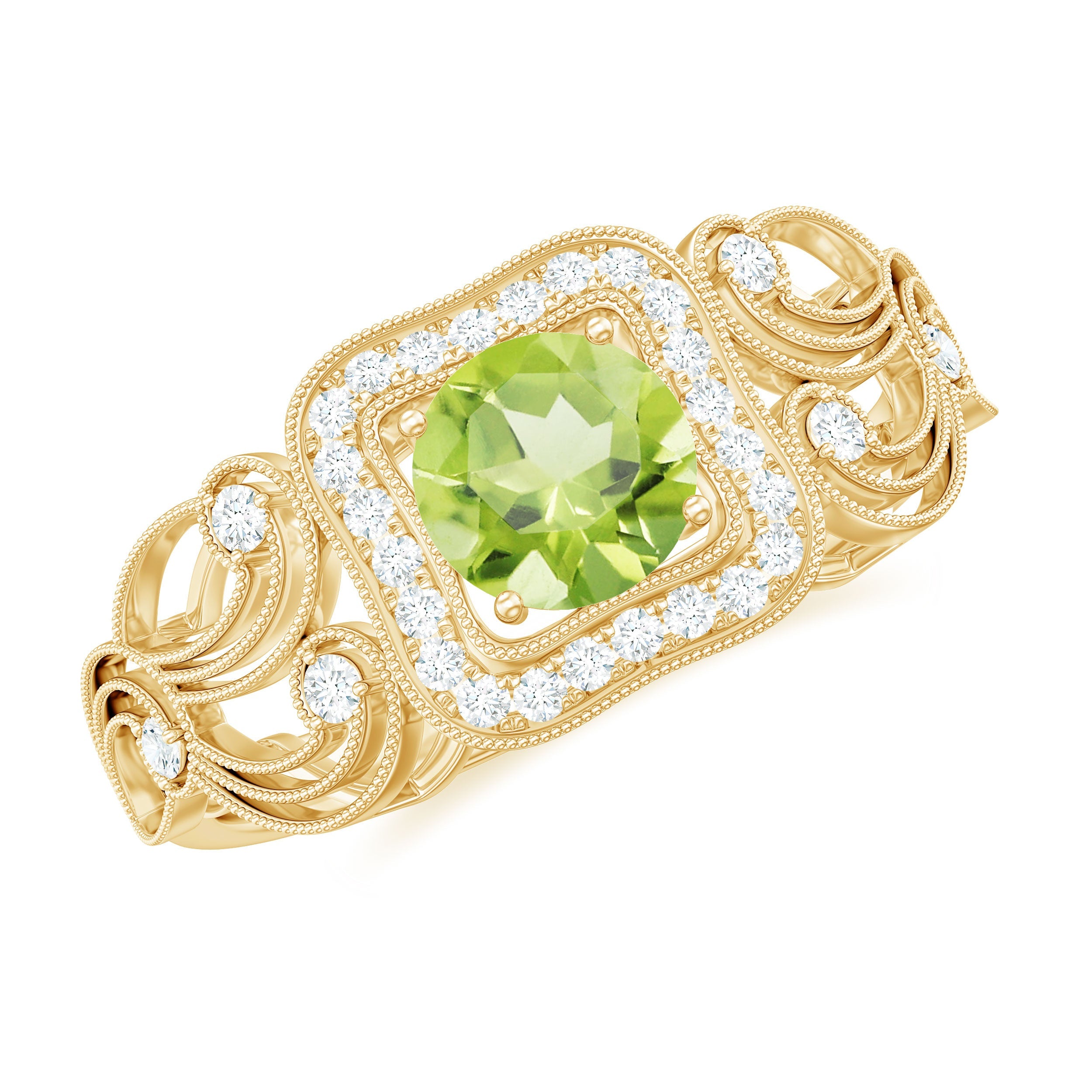 Peridot Engagement Ring - Vintage 0.5 Carat Halo Diamond Ring with Beaded Band