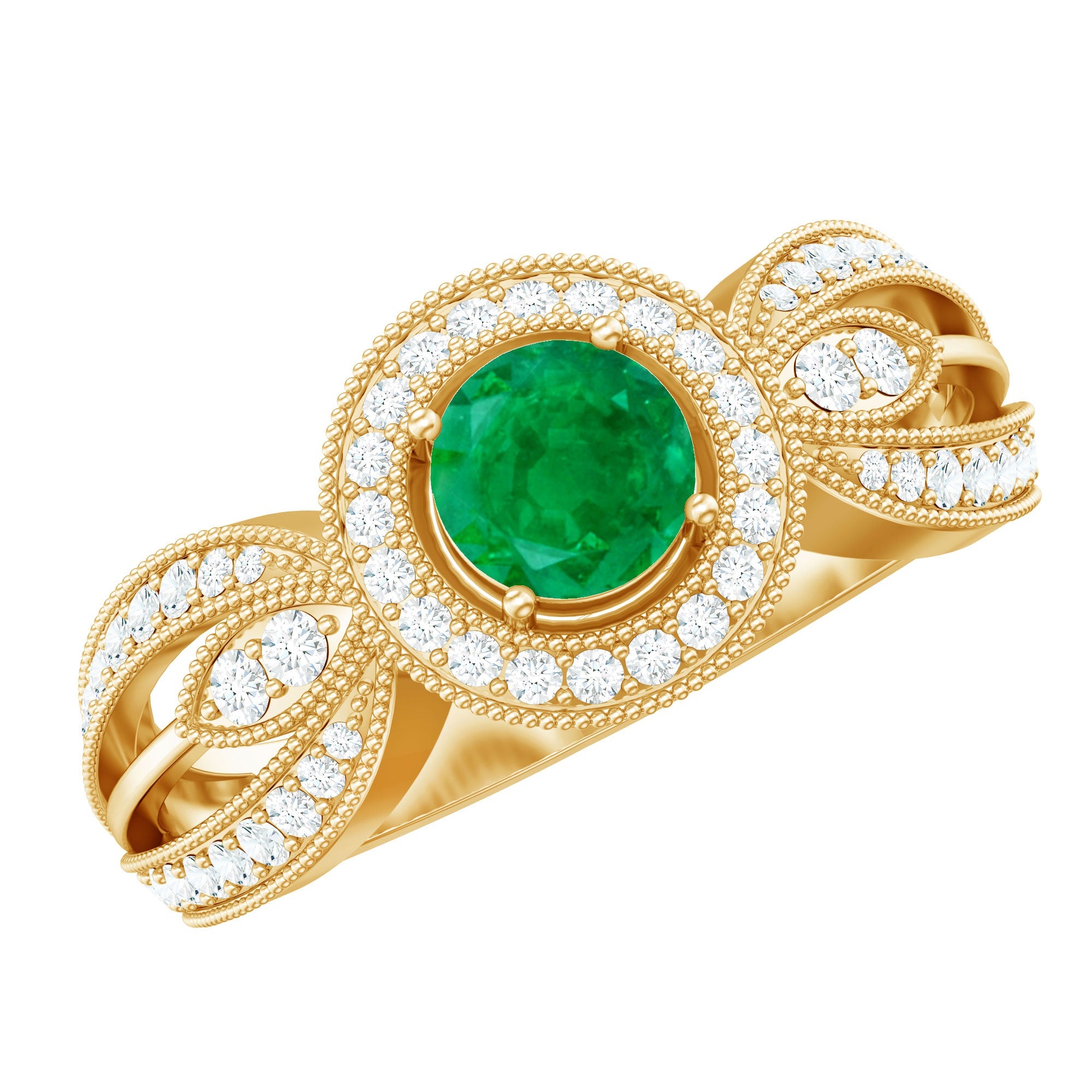 Emerald Diamond Engagement Ring – Vintage Style Split Shank Prong Setting Band