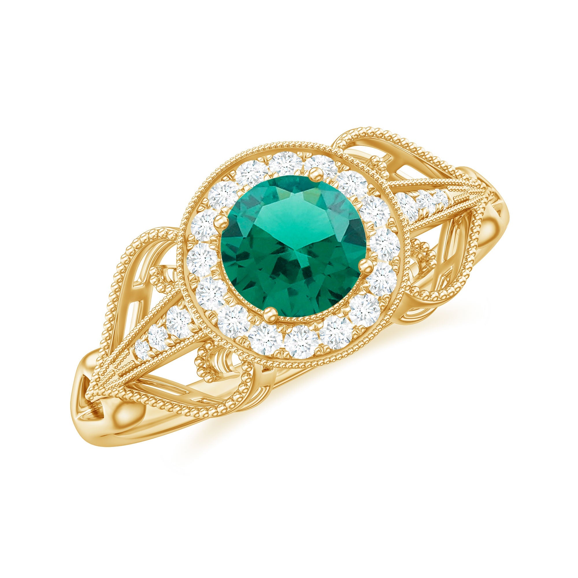 Lab Grown Emerald Ring – Vintage Engagement Band with Diamond Accents