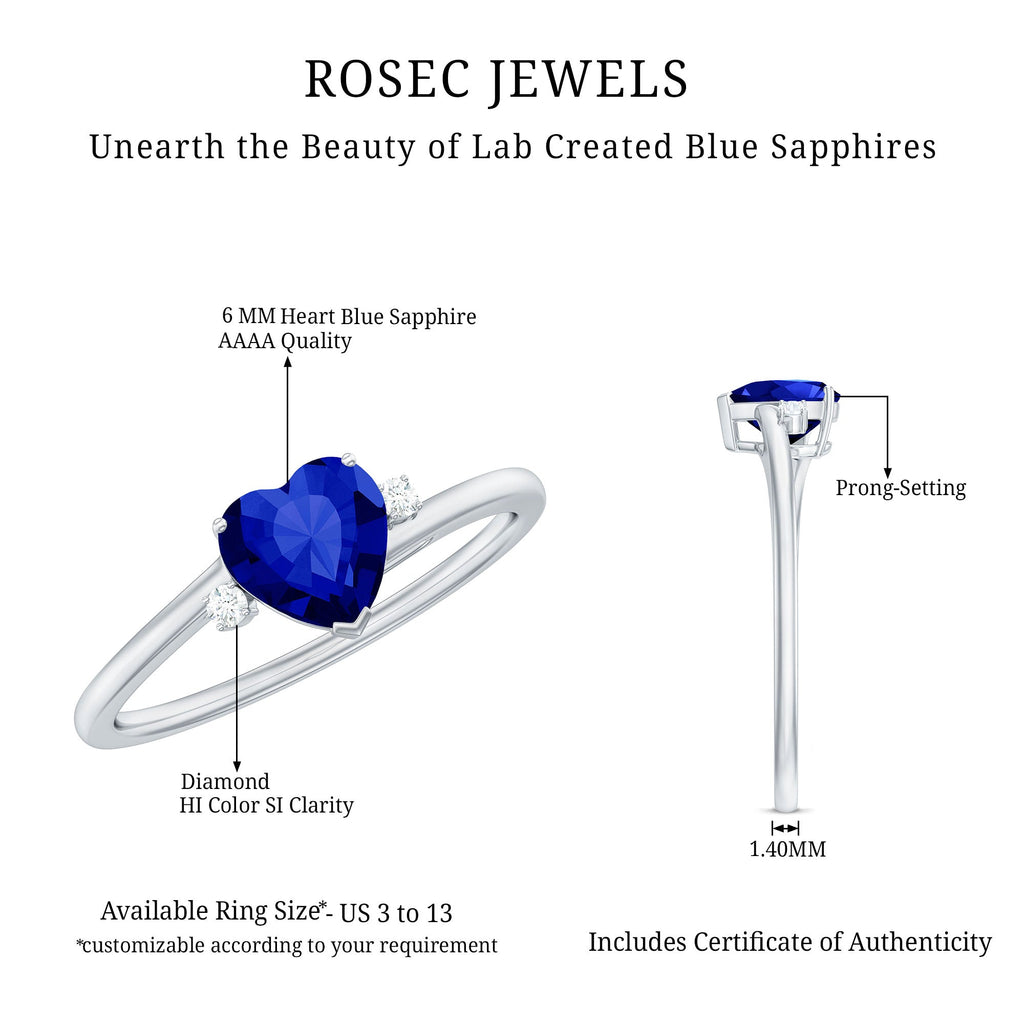 Heart Shape Created Blue Sapphire Solitaire Engagement Ring with Diamond