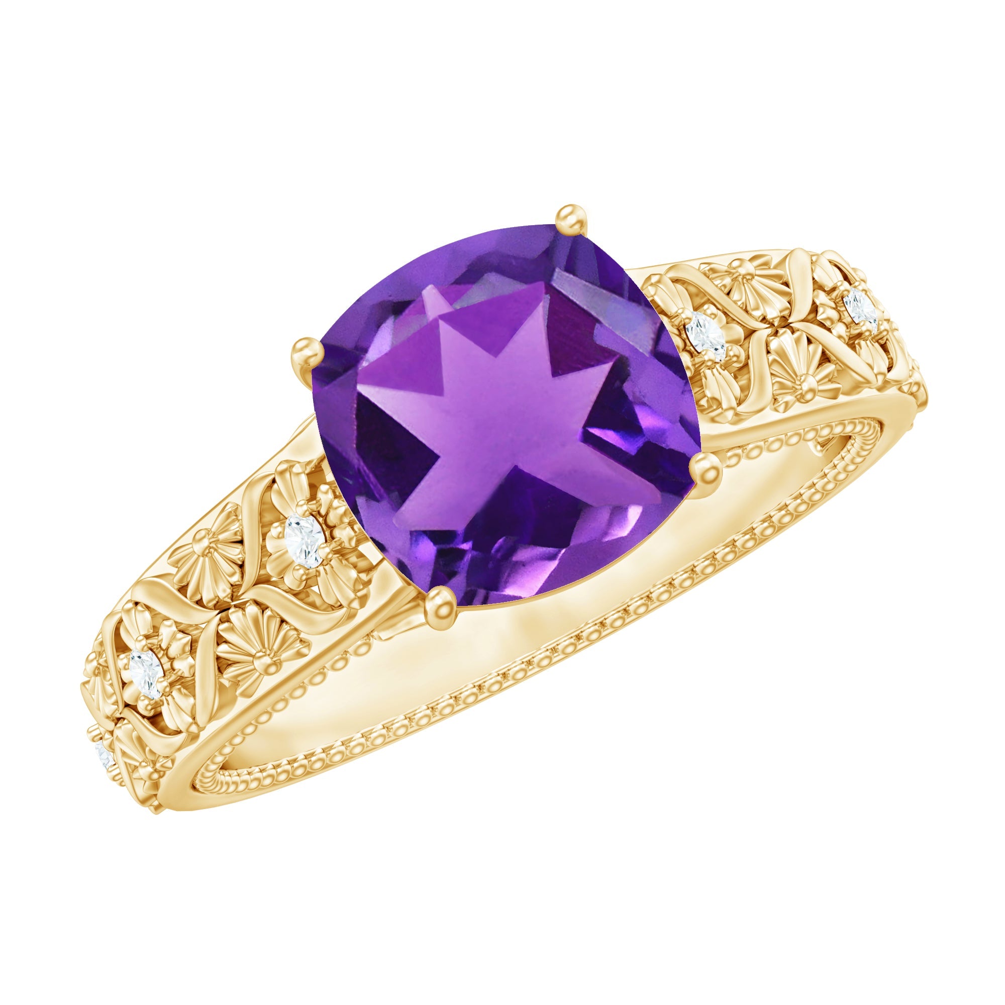 Amethyst Engagement Ring – Vintage 2 Carat Cushion Cut Diamond Floral Pattern