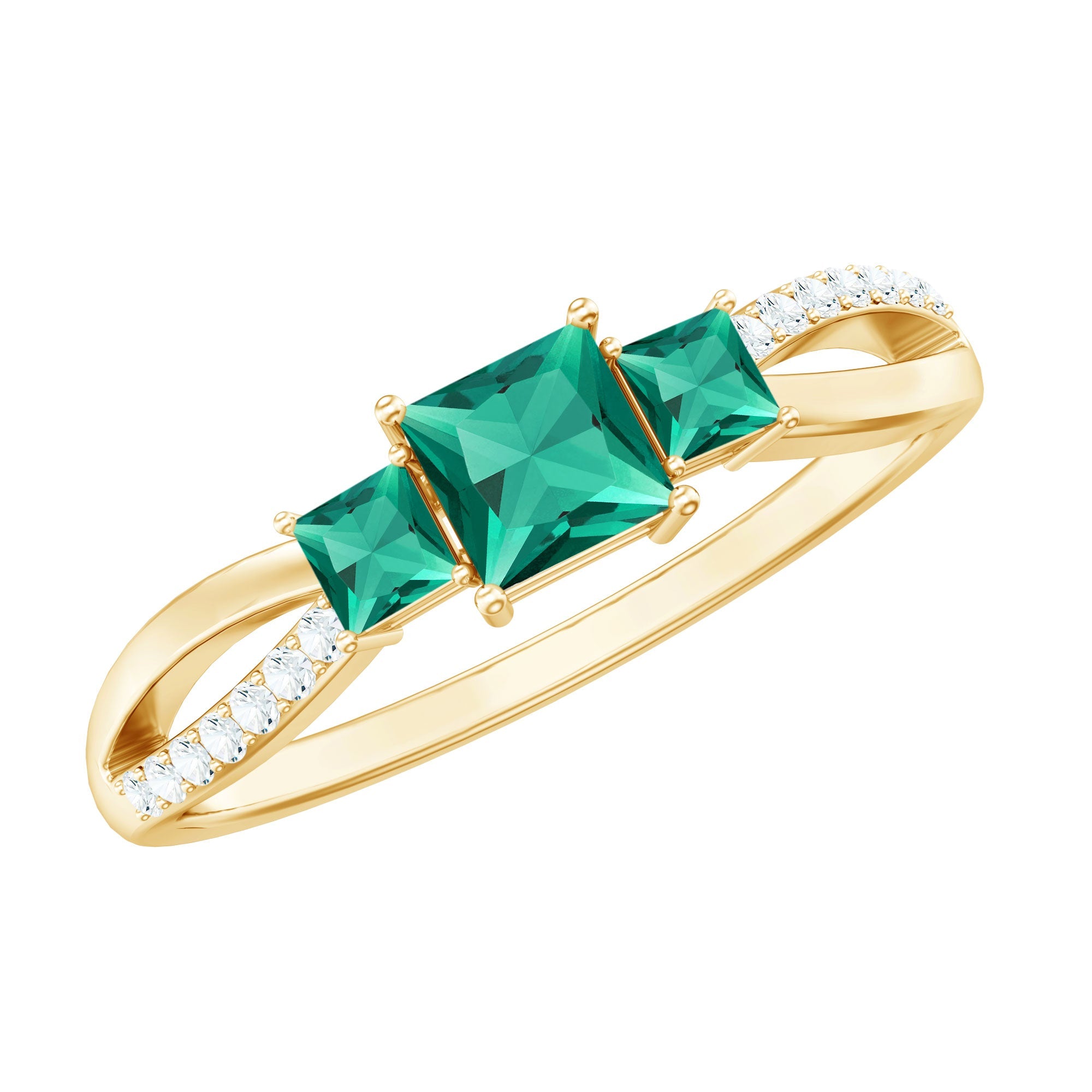 Princess Cut Emerald Ring – Lab Grown 3 Stone Promise Ring with Diamond Accents