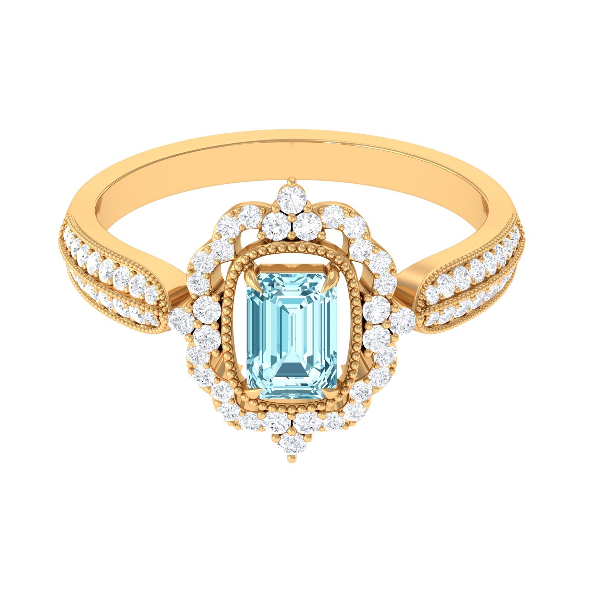 Emerald Cut Aquamarine Ring – Vintage Engagement Ring With Diamond Accents