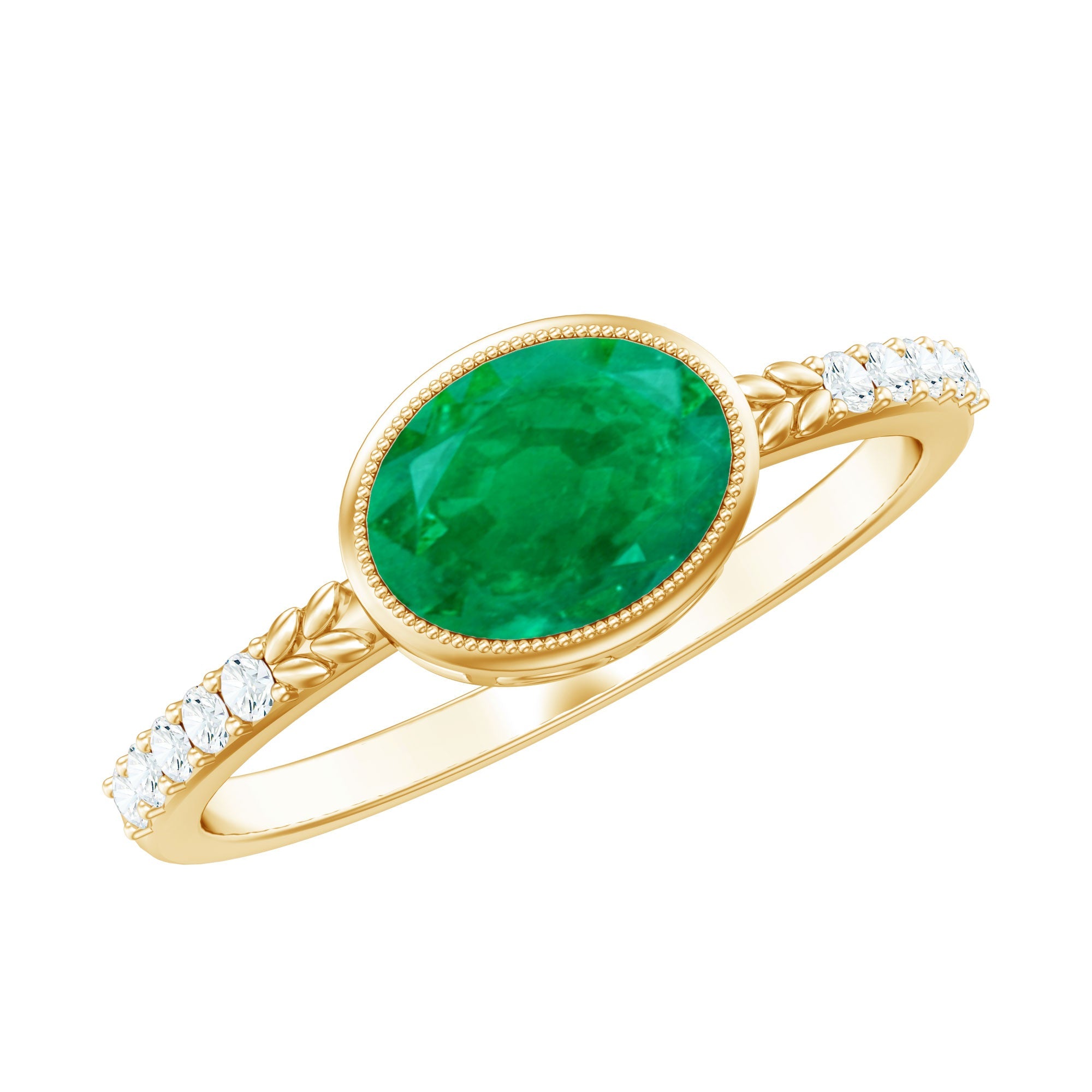 Emerald Engagement Ring - Oval Emerald Bezel Setting With Sparkling Diamond Band