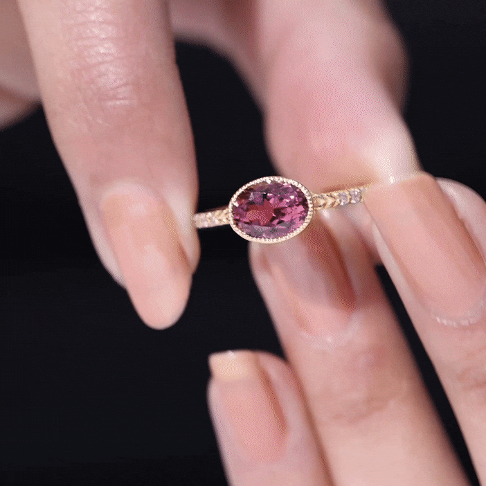 Pink Tourmaline Ring - 1 Carat Oval East West Engagement Ring With Diamond Side Stones