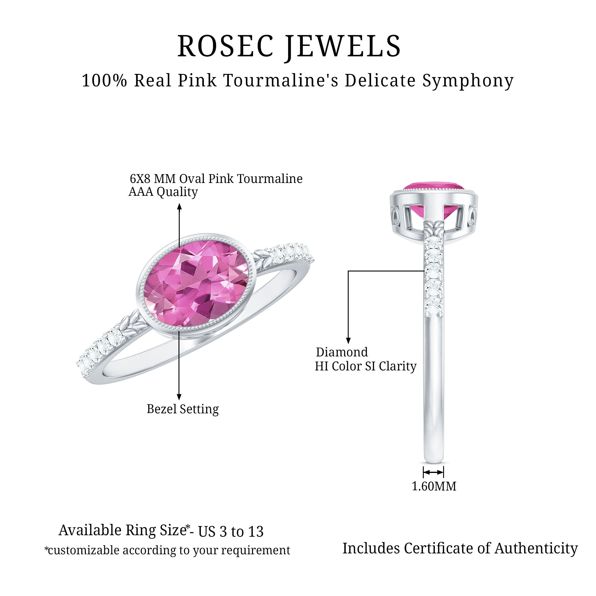 1 Carat oval pink tourmaline east west engagement ring with diamond bezel setting and 1.60mm band width