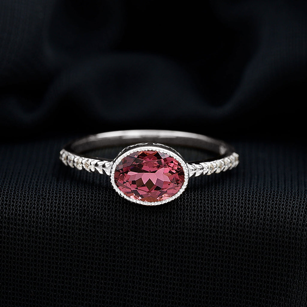 Pink Tourmaline Ring - 1 Carat Oval East West Engagement Ring With Diamond Side Stones