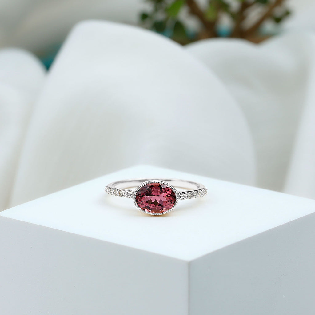 Pink Tourmaline Ring - 1 Carat Oval East West Engagement Ring With Diamond Side Stones