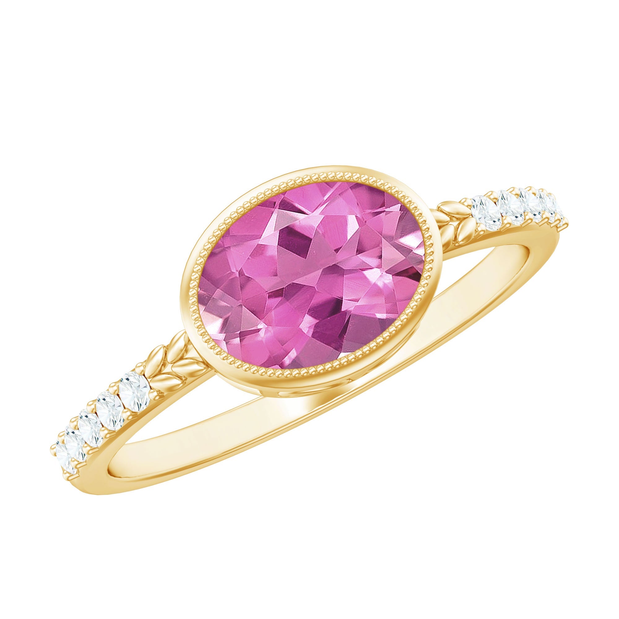 Pink Tourmaline Ring - 1 Carat Oval East West Engagement Ring With Diamond Side Stones