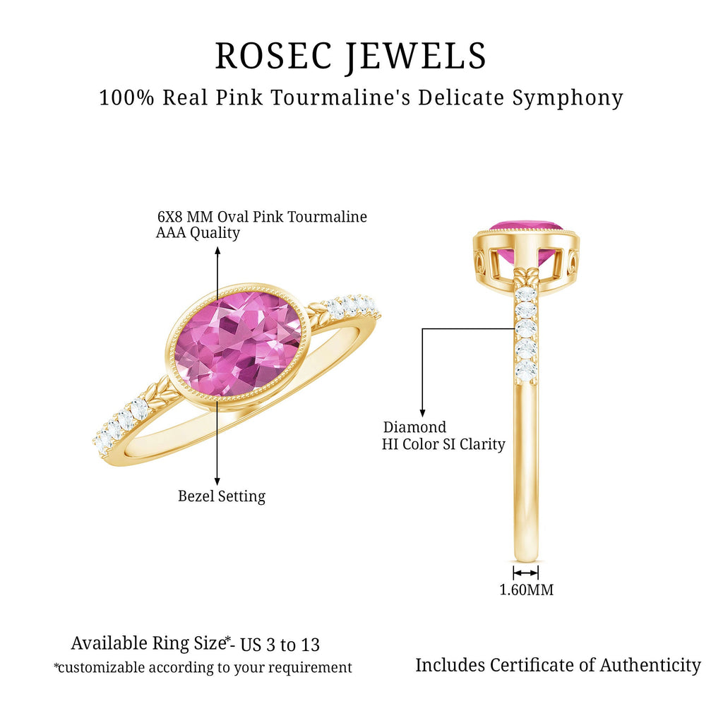1 Carat oval pink tourmaline east west engagement ring with diamond accents and bezel setting specifications