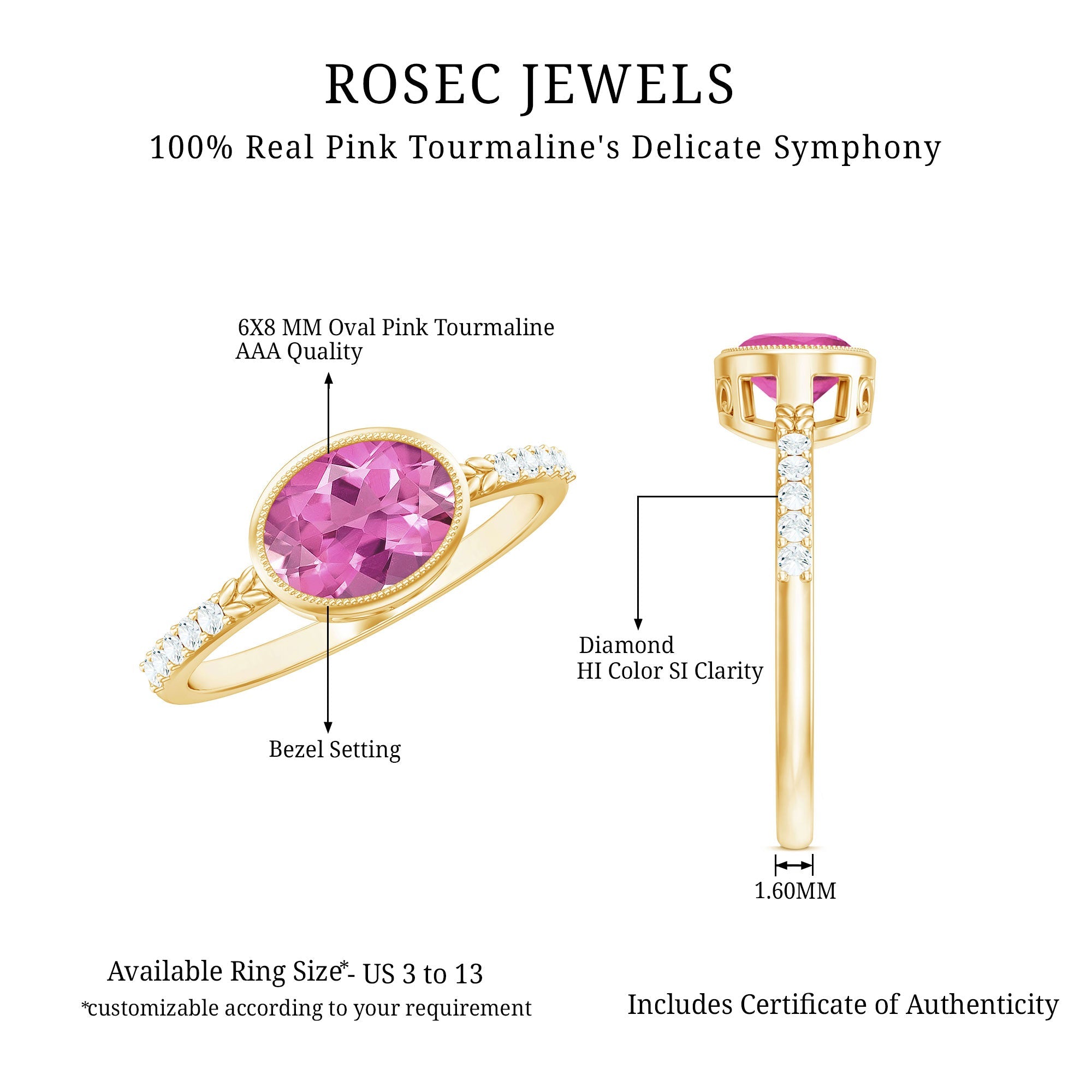 1 Carat oval pink tourmaline east west engagement ring with diamond accents and bezel setting specifications