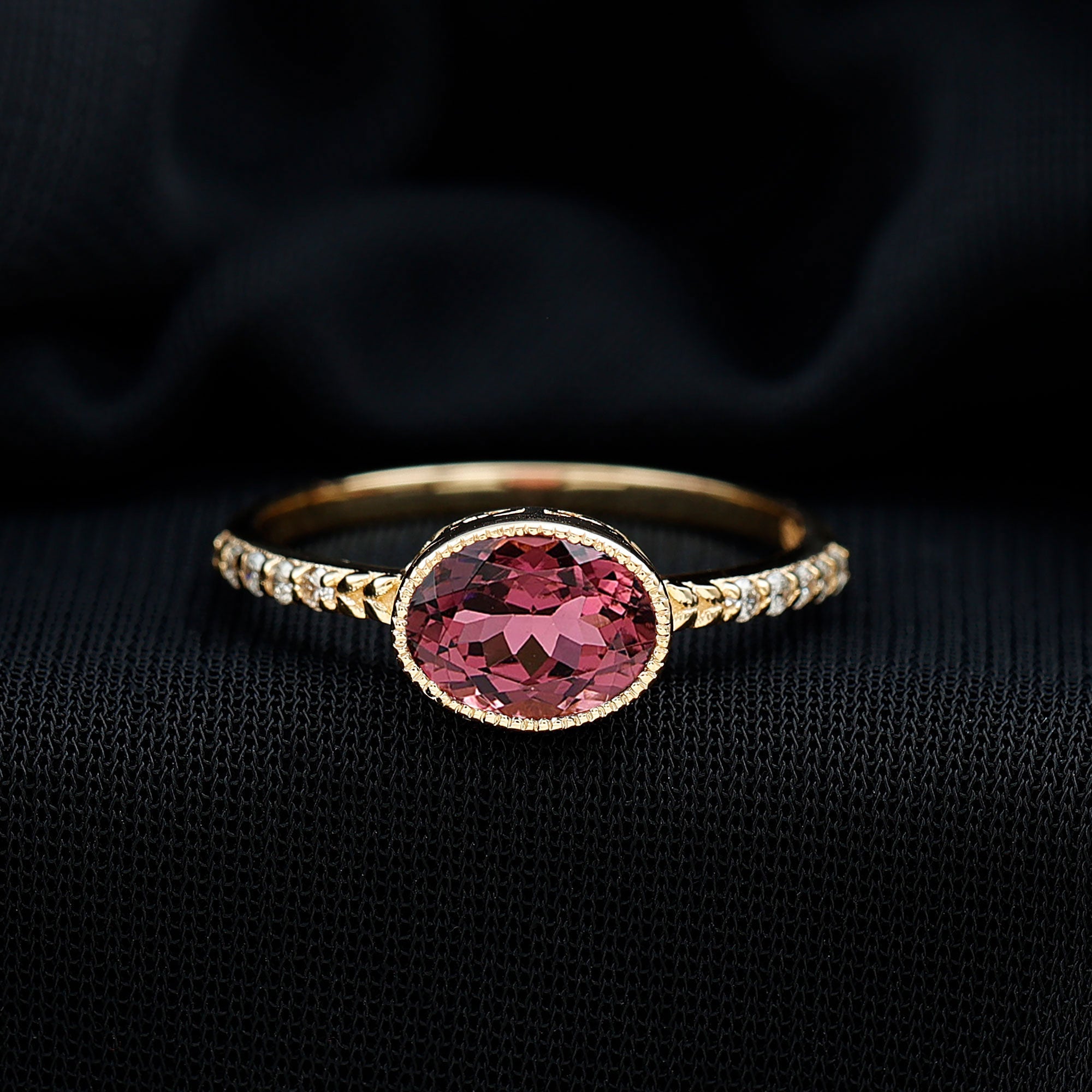 Pink Tourmaline Ring - 1 Carat Oval East West Engagement Ring With Diamond Side Stones